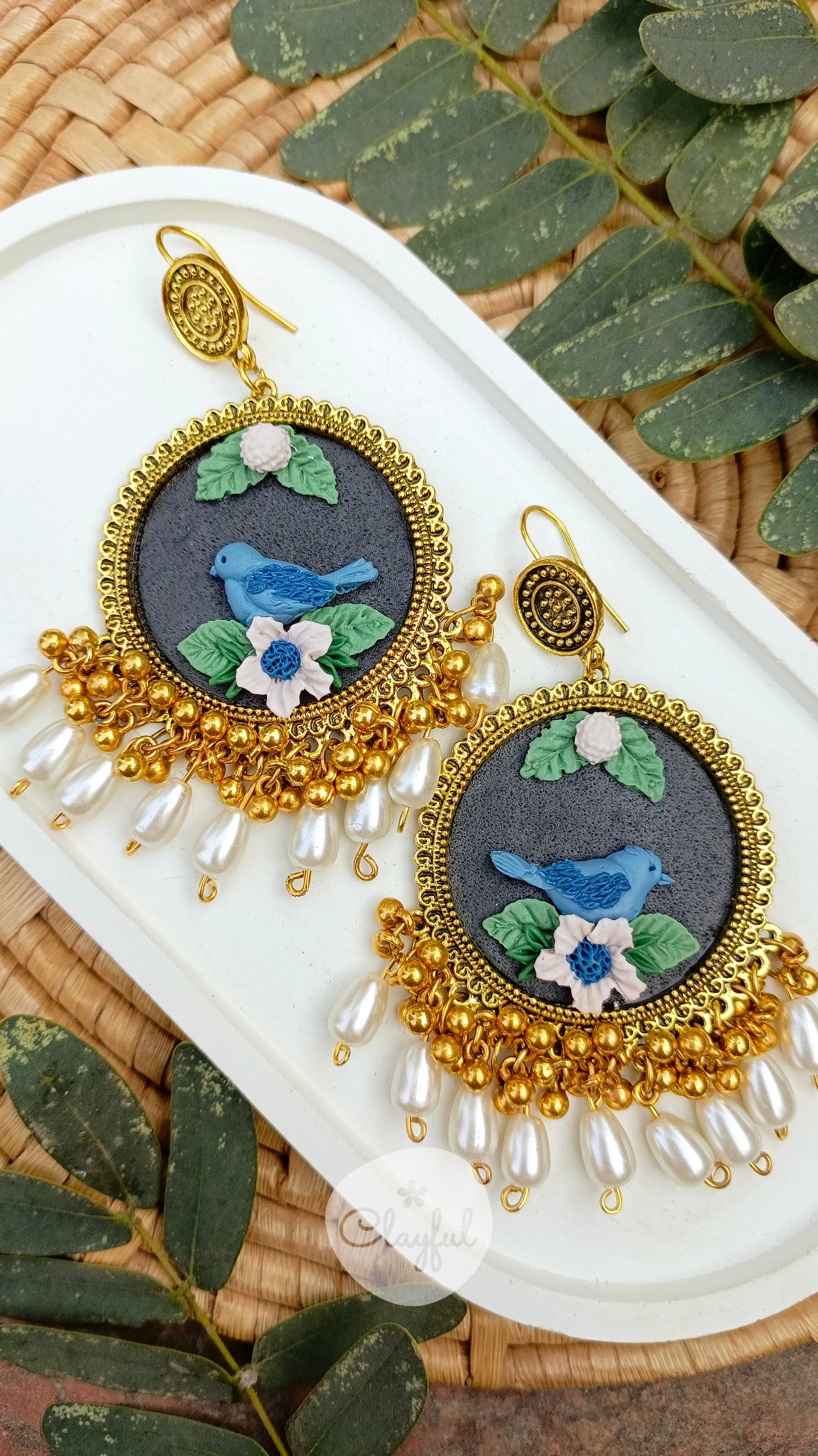 Clayful Neel Parinda Jhumkas