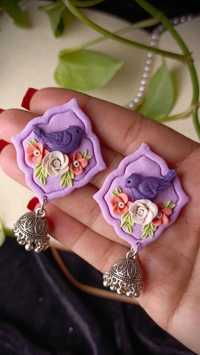 Clayful Lavender Bird Jhumkas