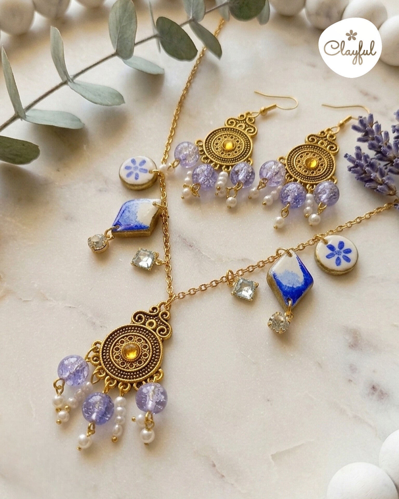 These are handcrafted polymer clay necklace set made with such an intricate details and love. Every piece can be different from each other.