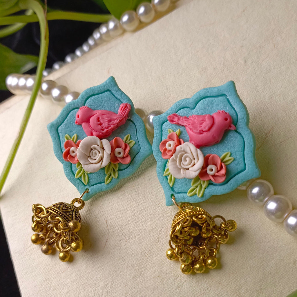 Clayful Aqua Blossom Bird Jhumkas