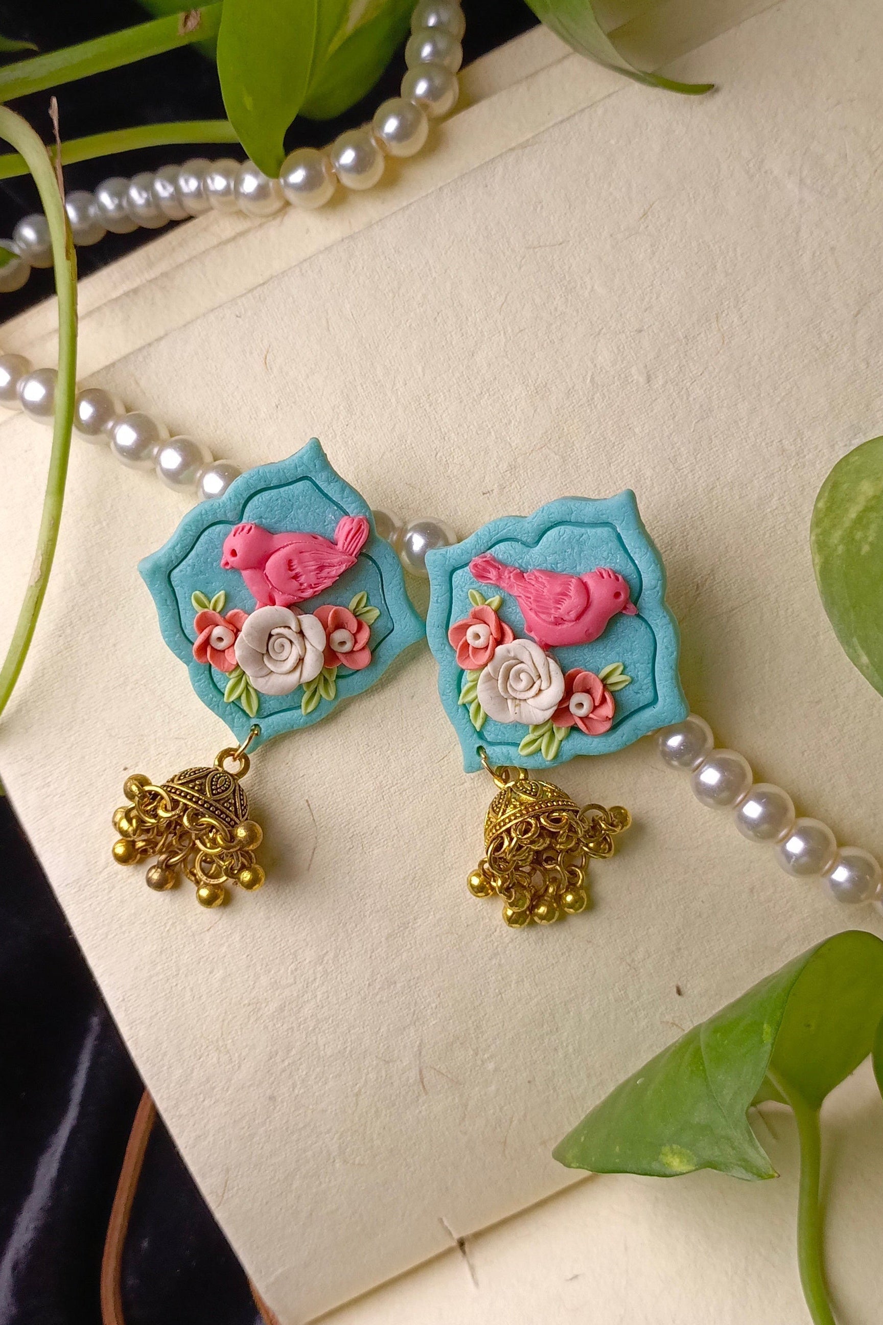 Clayful Aqua Blossom Bird Jhumkas