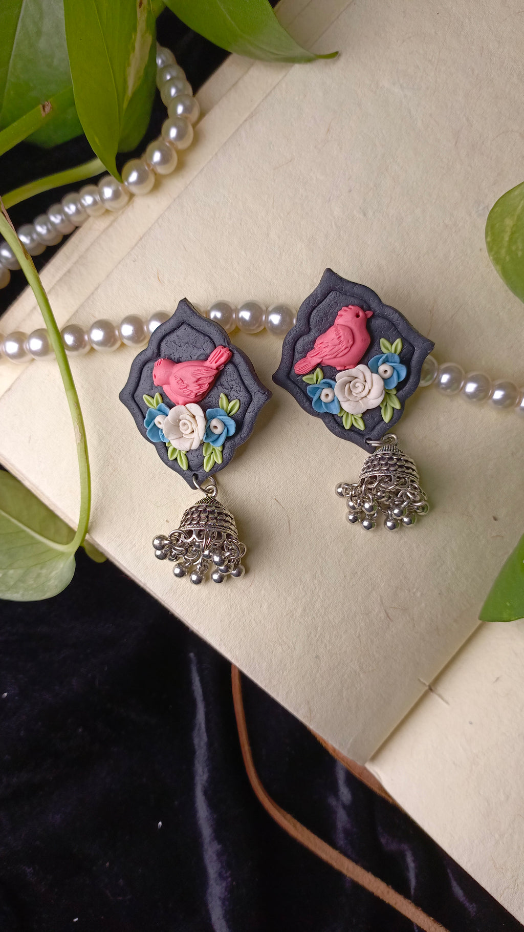 Clayful Midnight Bloom Bird Jhumkas