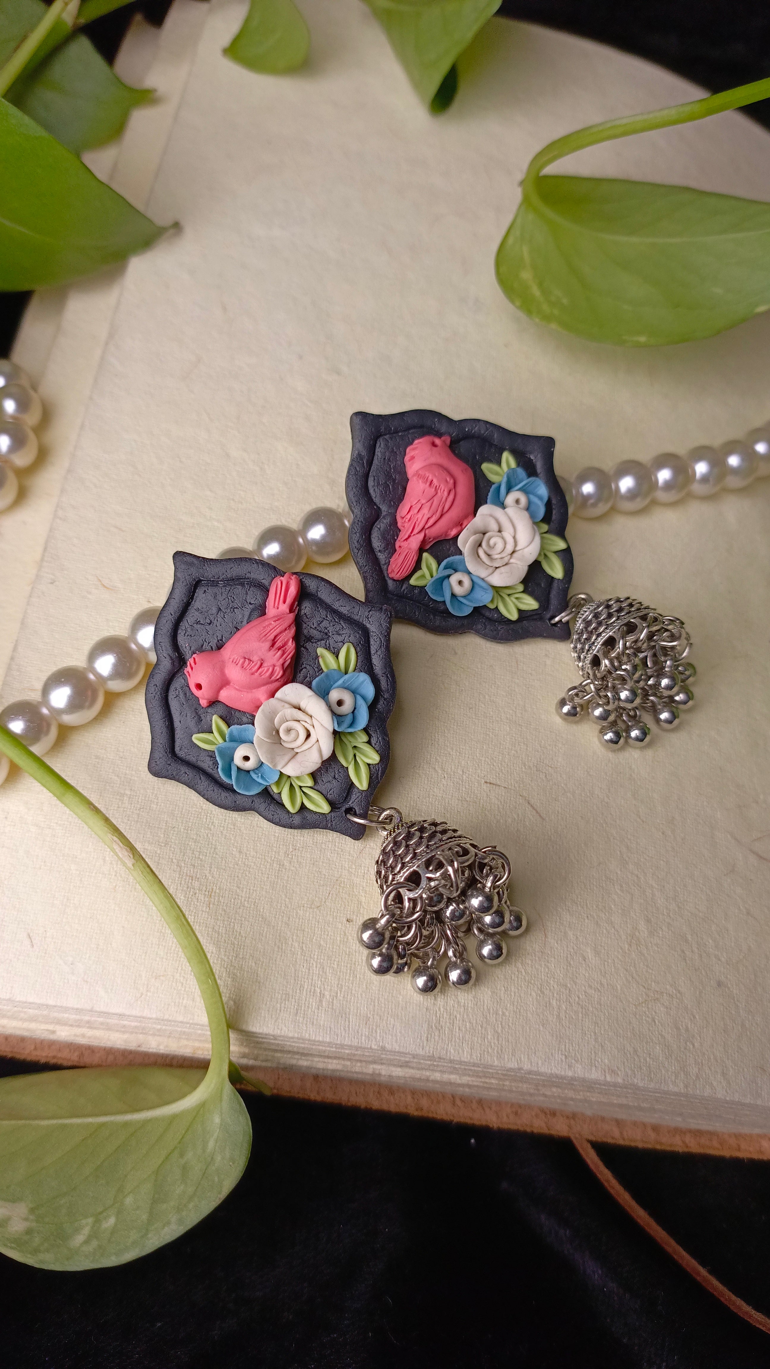 Clayful Midnight Bloom Bird Jhumkas