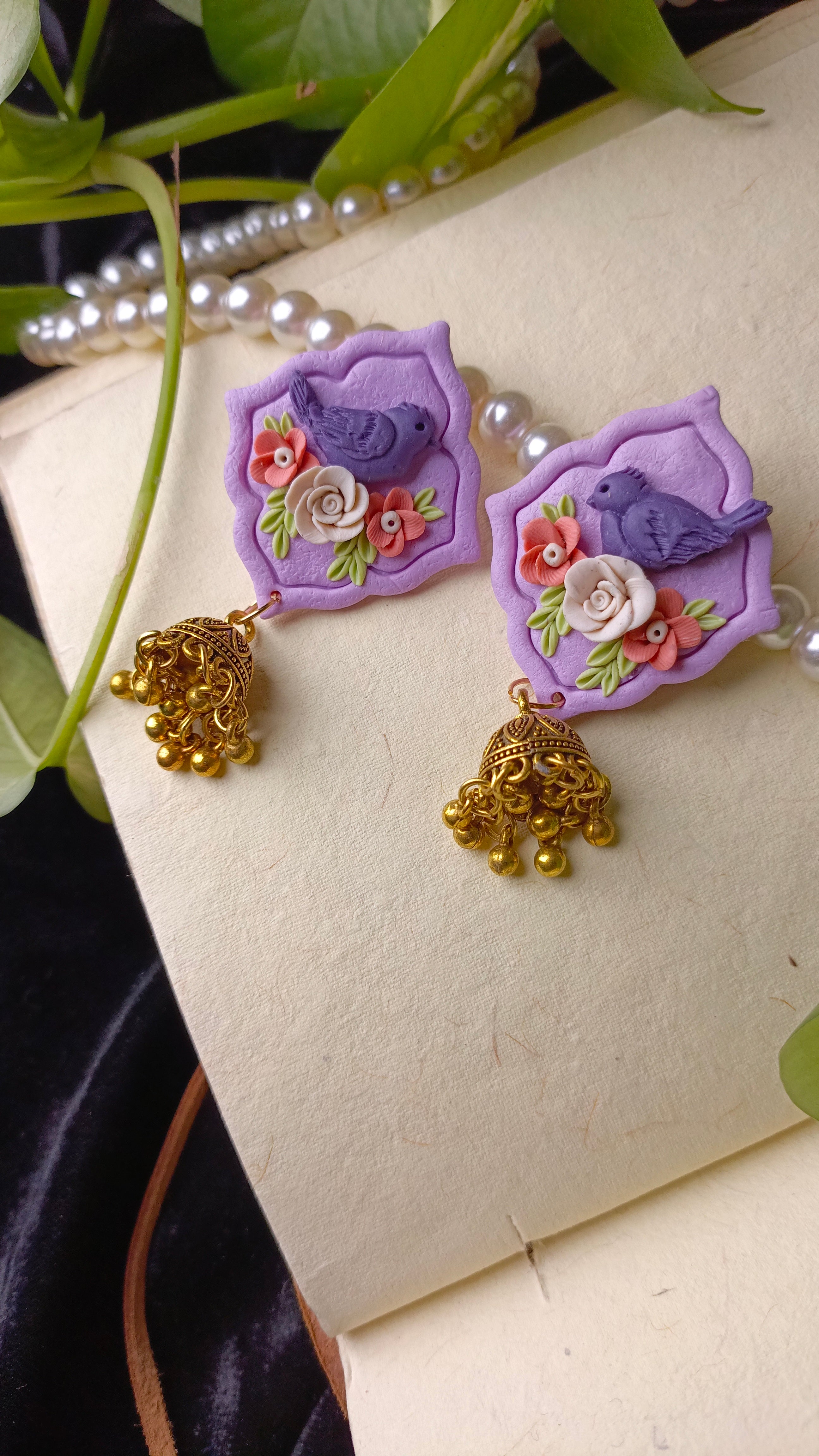 Clayful Lavender Bird Jhumkas