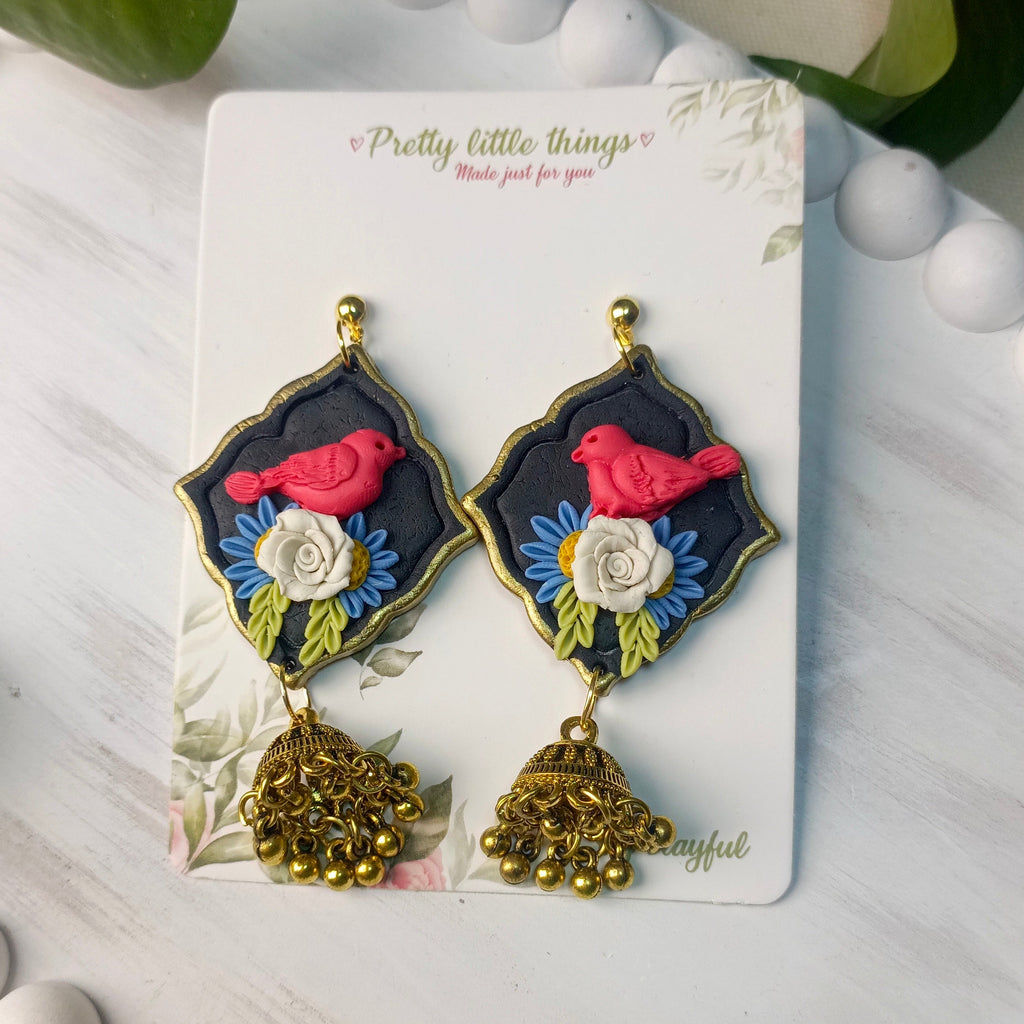 Clayful Midnight Bloom Bird Jhumkas