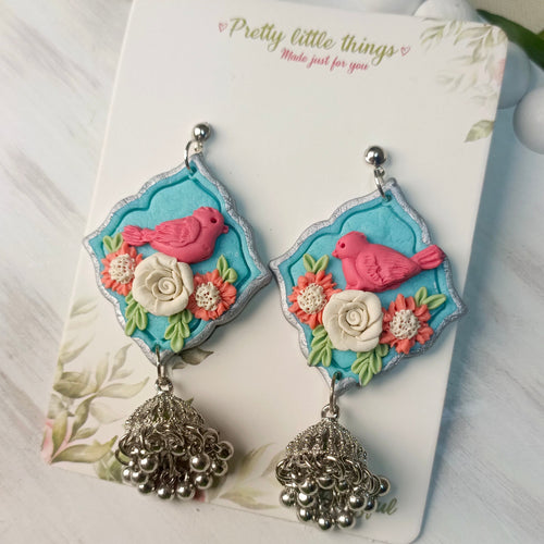 Clayful Aqua Blossom Bird Jhumkas
