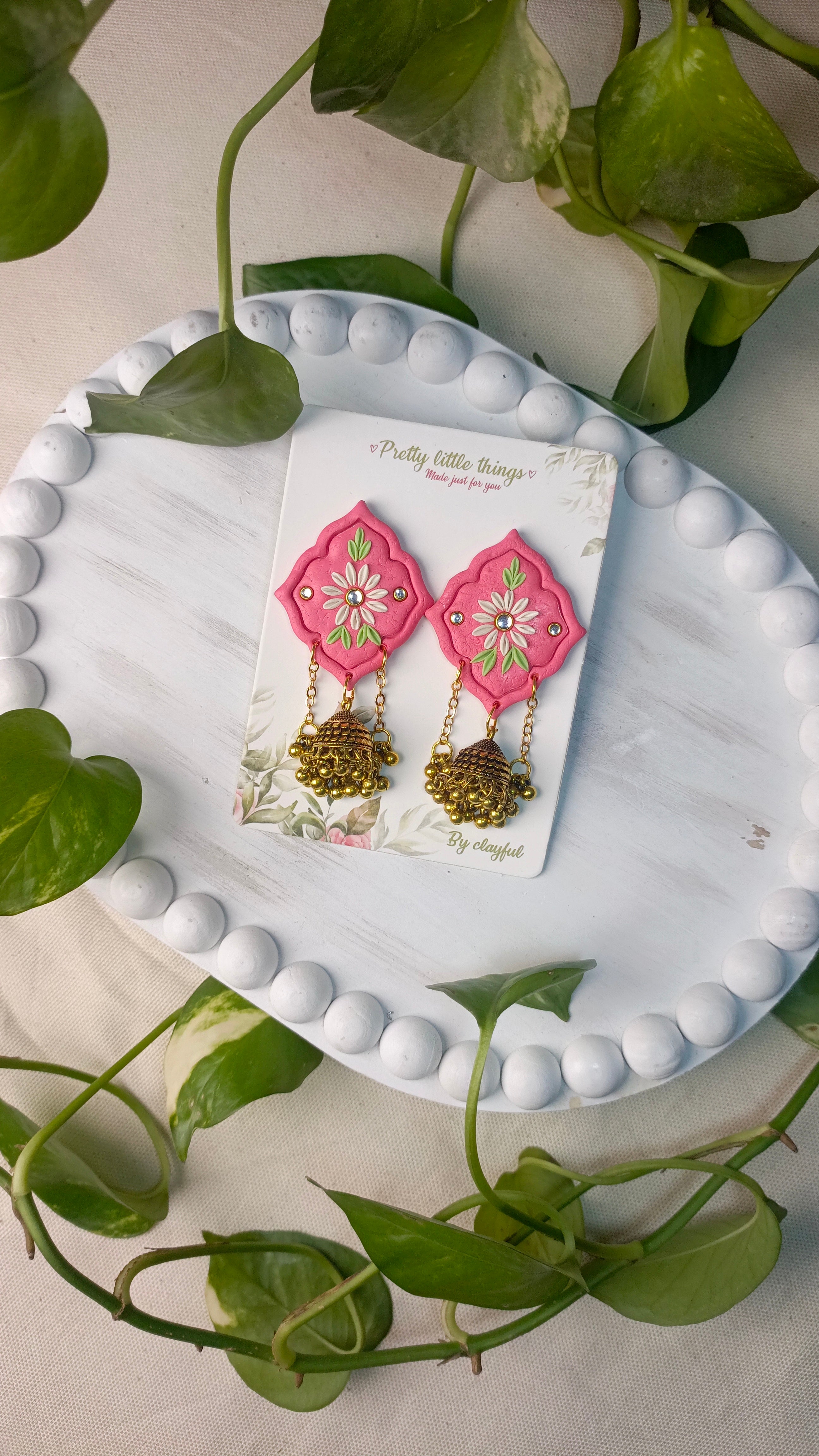 Clayful Pink Bloom Jhumkas