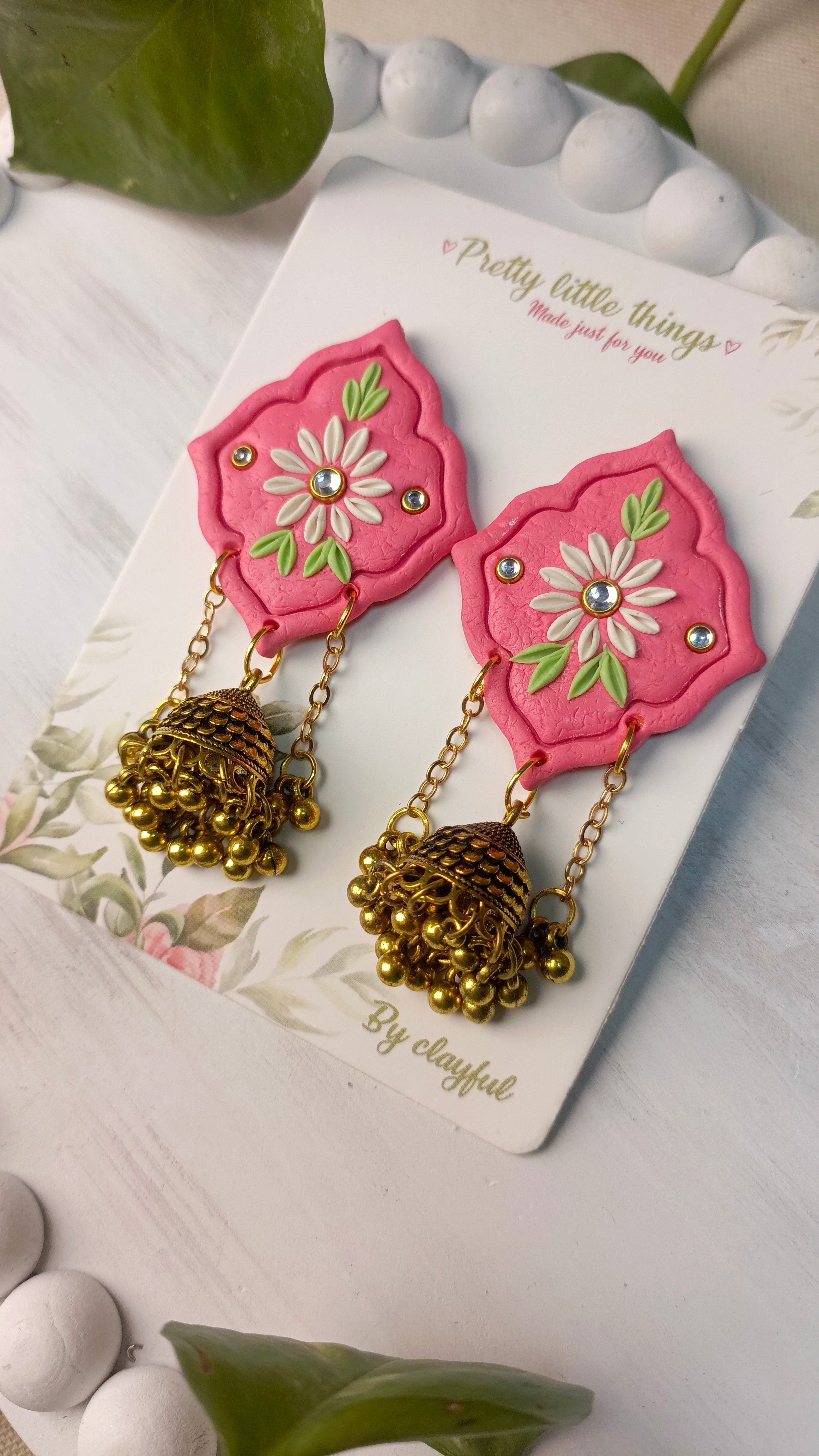 Clayful Pink Bloom Jhumkas