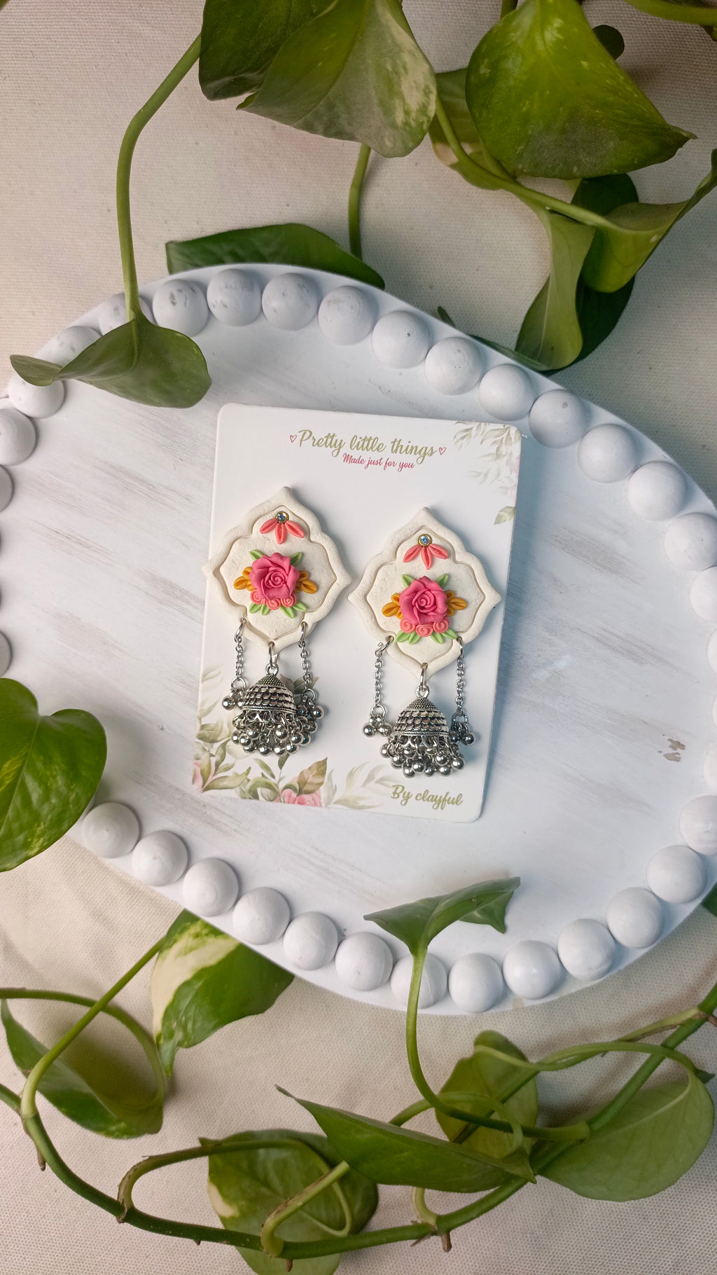 Clayful Ivory Rose Jhumkas