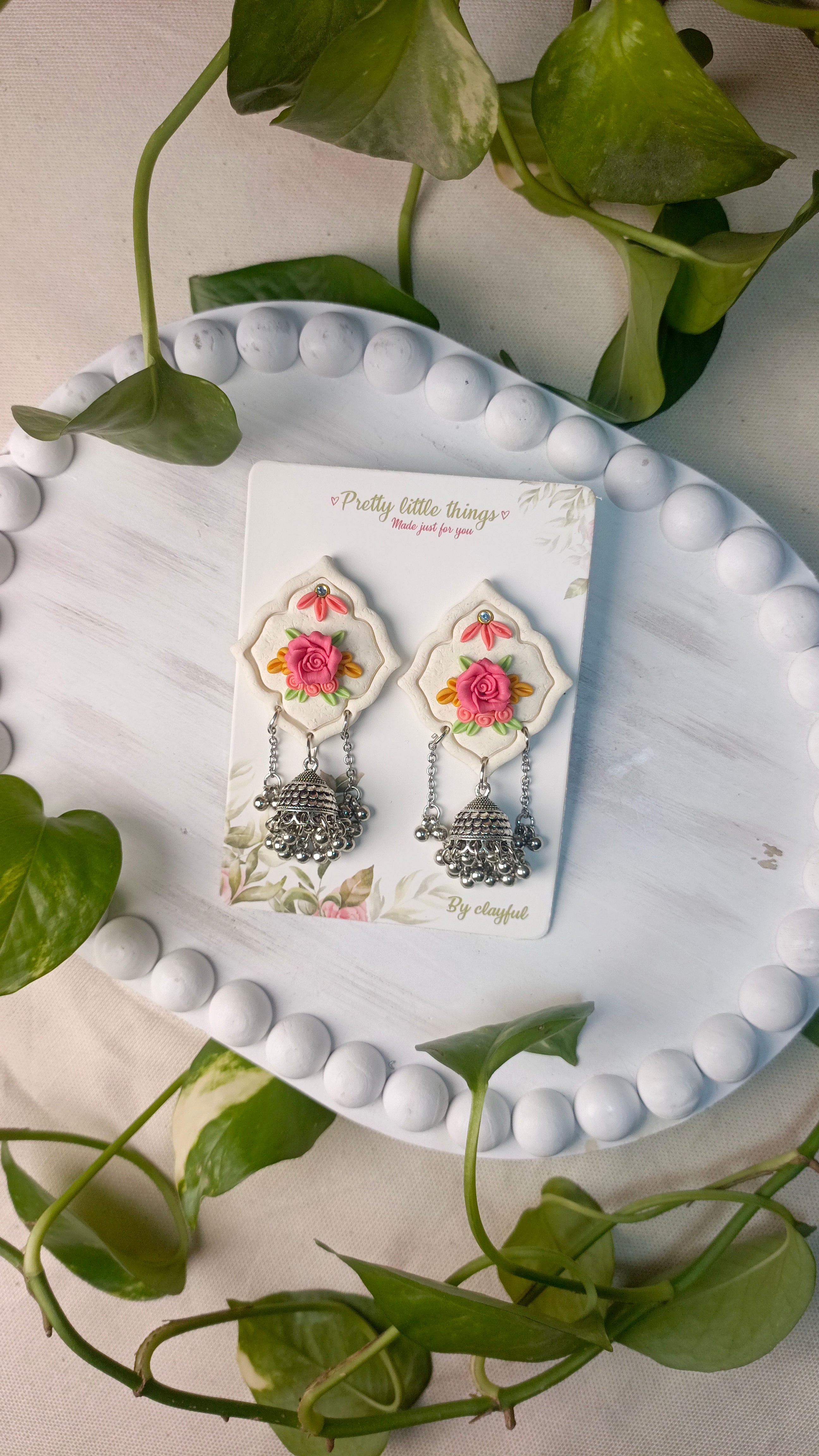 Clayful Ivory Rose Jhumkas