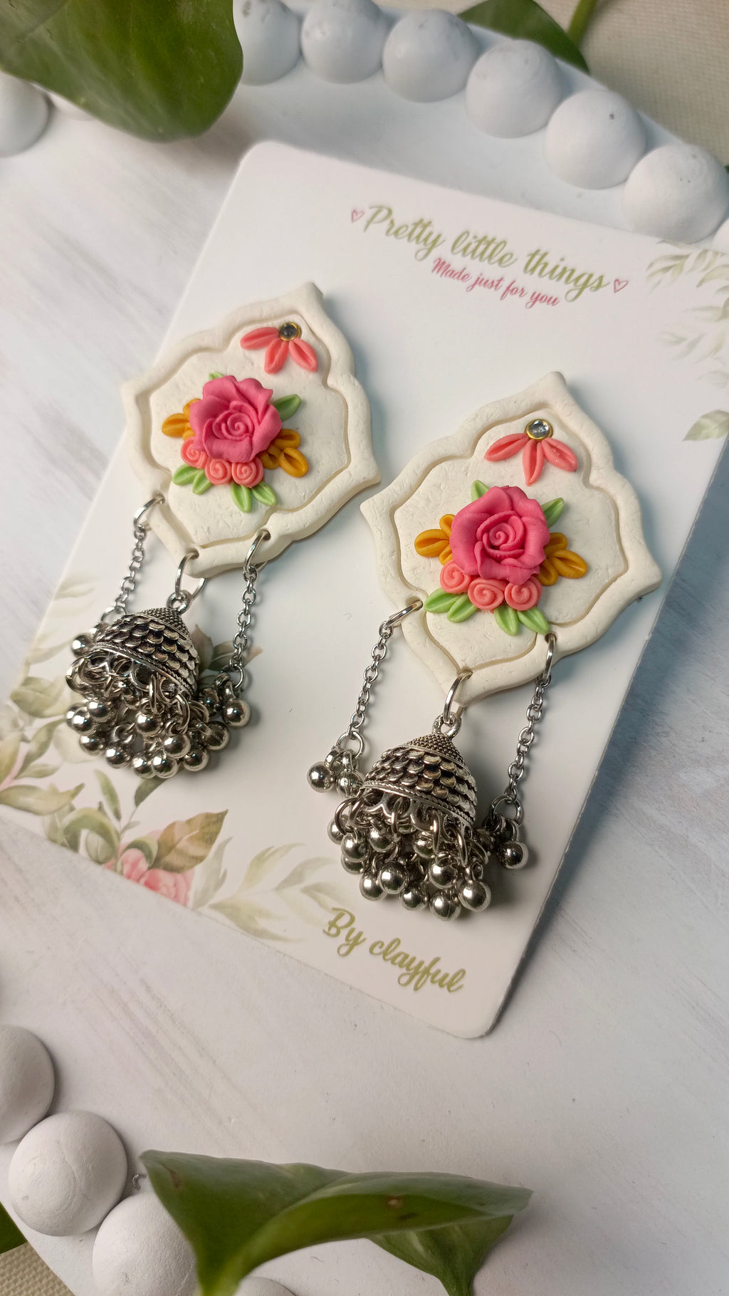 Clayful Ivory Rose Jhumkas