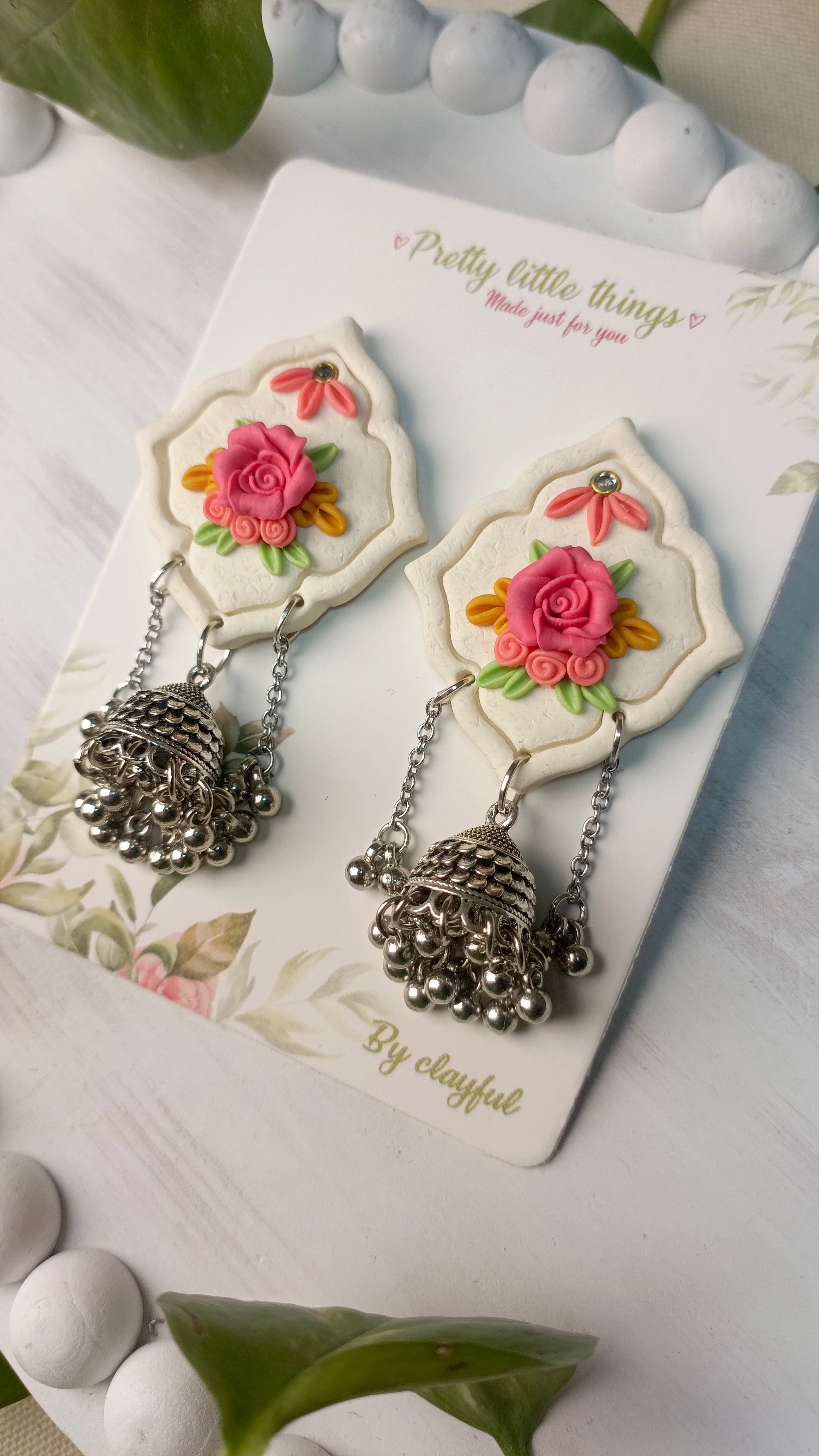Clayful Ivory Rose Jhumkas