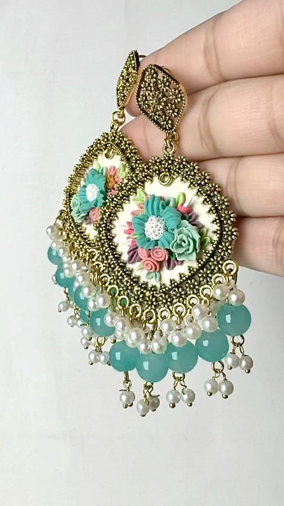 Clayful Aqua Bloom Jhumkas