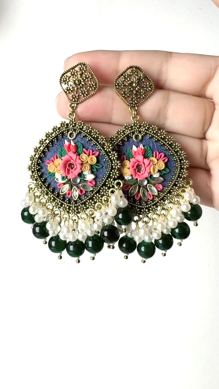 Clayful Emerald Bloom Jhumkas