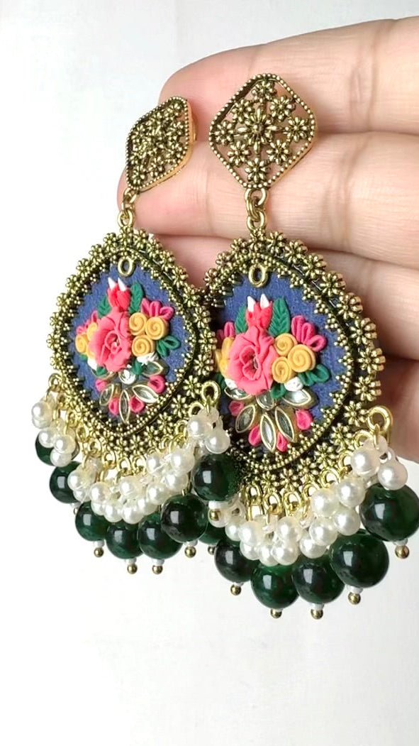 Clayful Emerald Bloom Jhumkas