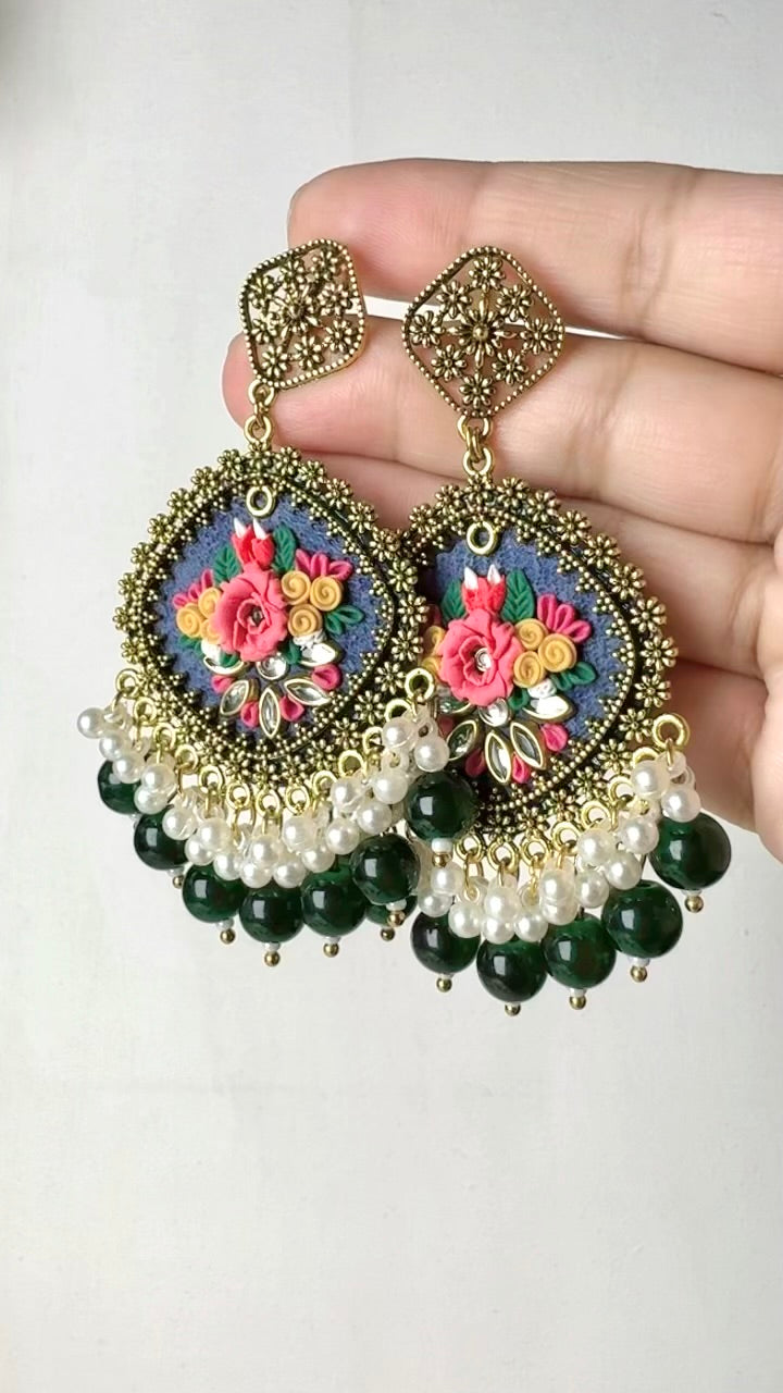 Clayful Emerald Bloom Jhumkas