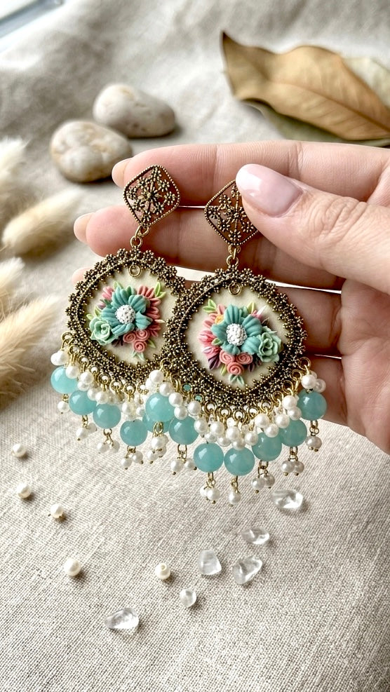 Clayful Aqua Bloom Jhumkas