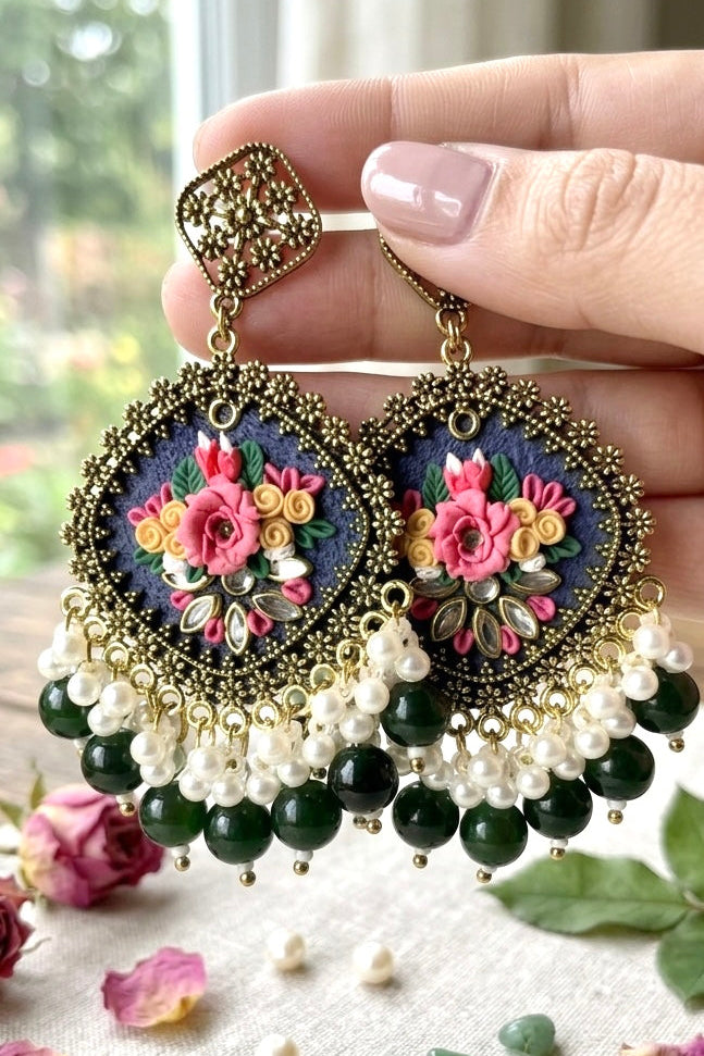 Clayful Emerald Bloom Jhumkas