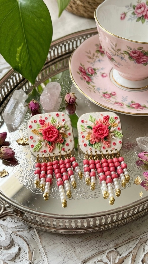 Beautiful pink hanging beads floral earrings
