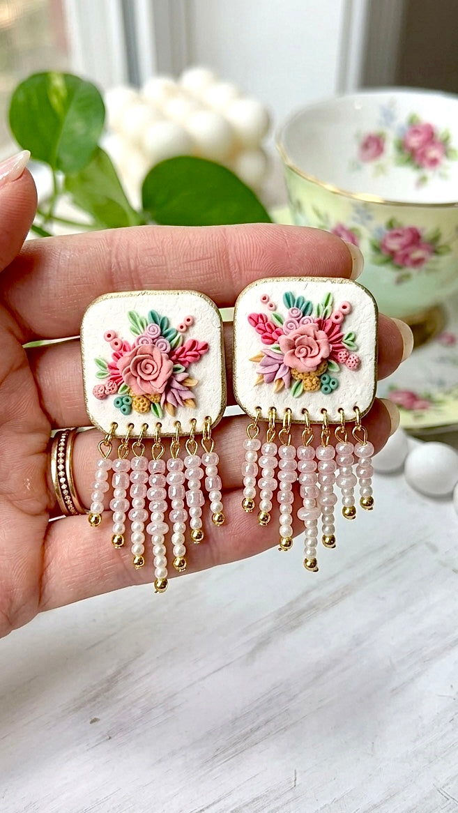 Beautiful light pink hanging beads floral earrings