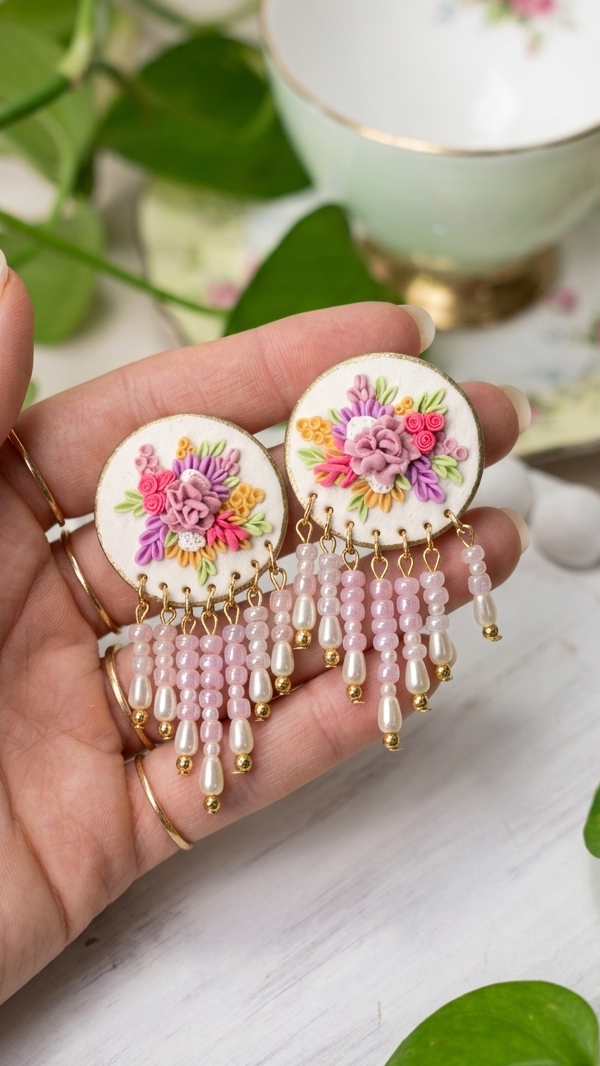 Beautiful lilac hanging beads floral earrings