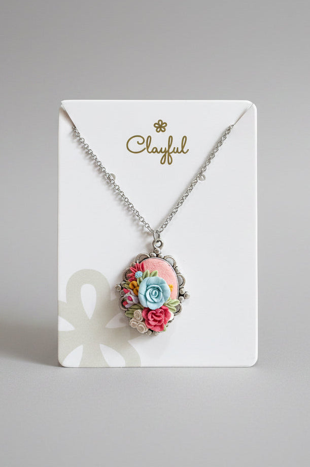 Pastel Pink and Blue Rose Cameo Pendant