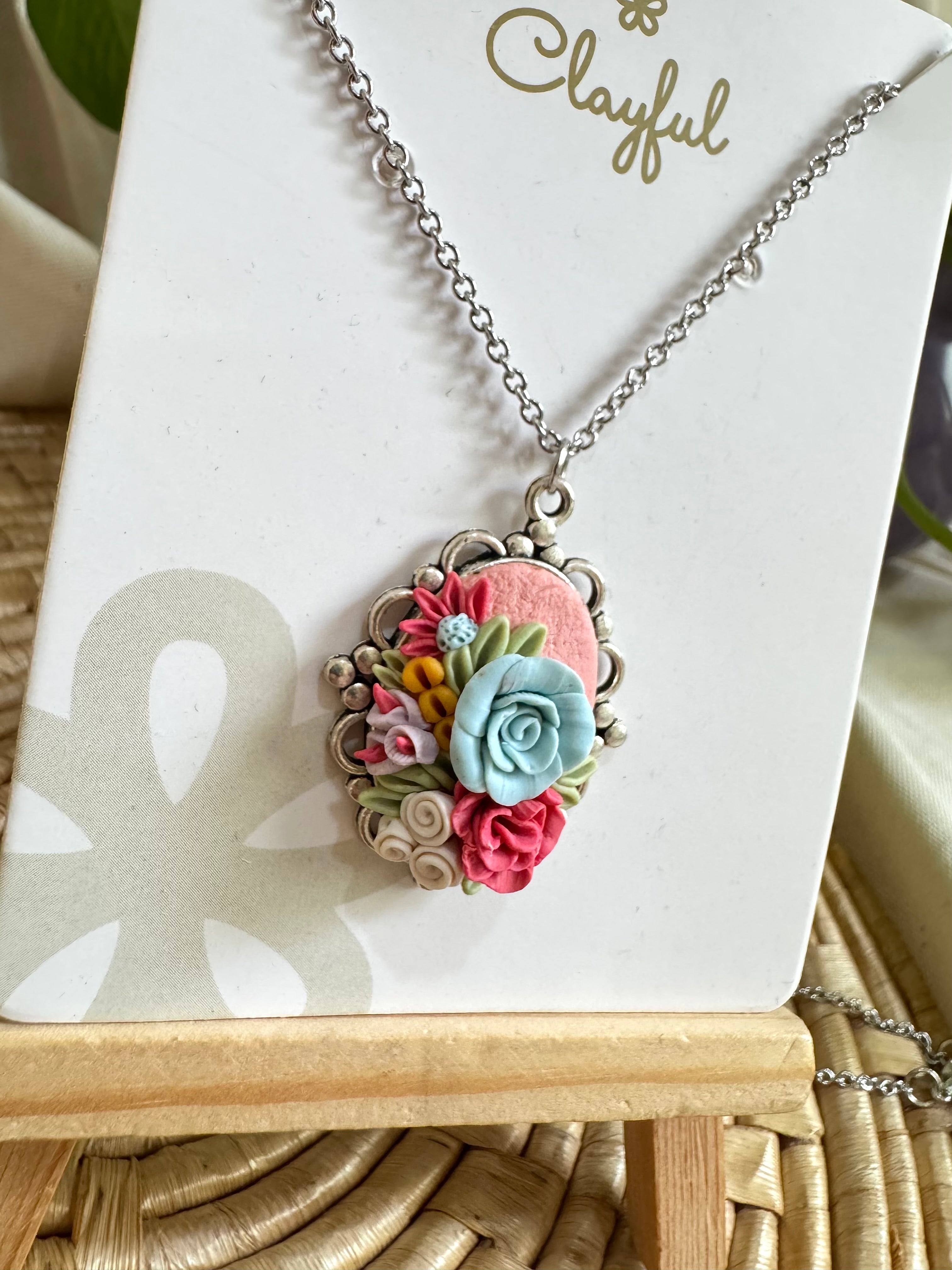 Pastel Pink and Blue Rose Cameo Pendant