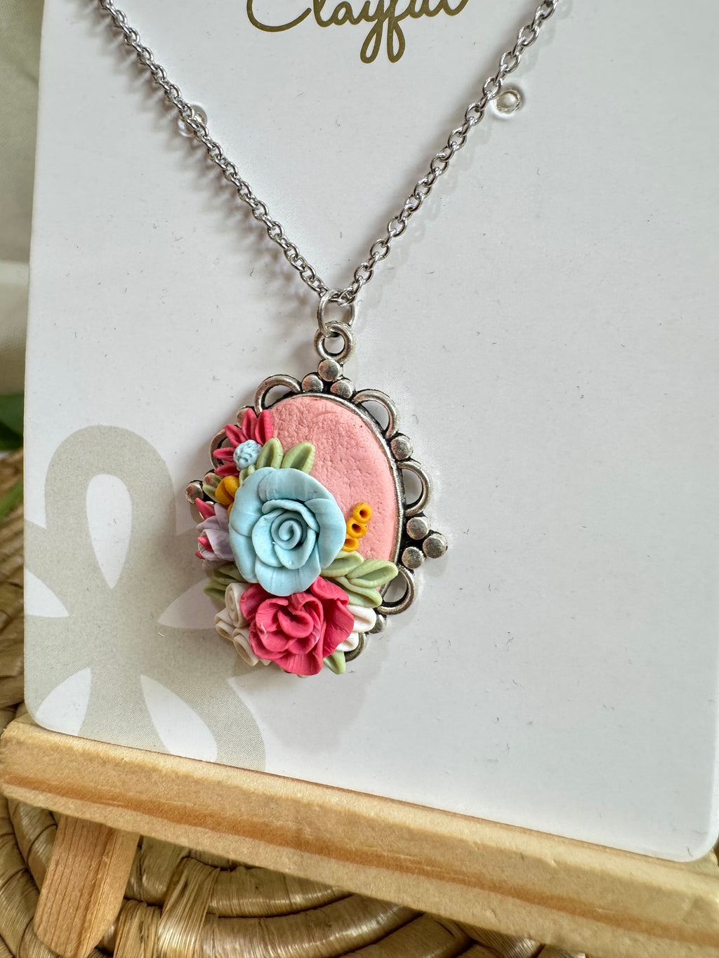 Pastel Pink and Blue Rose Cameo Pendant
