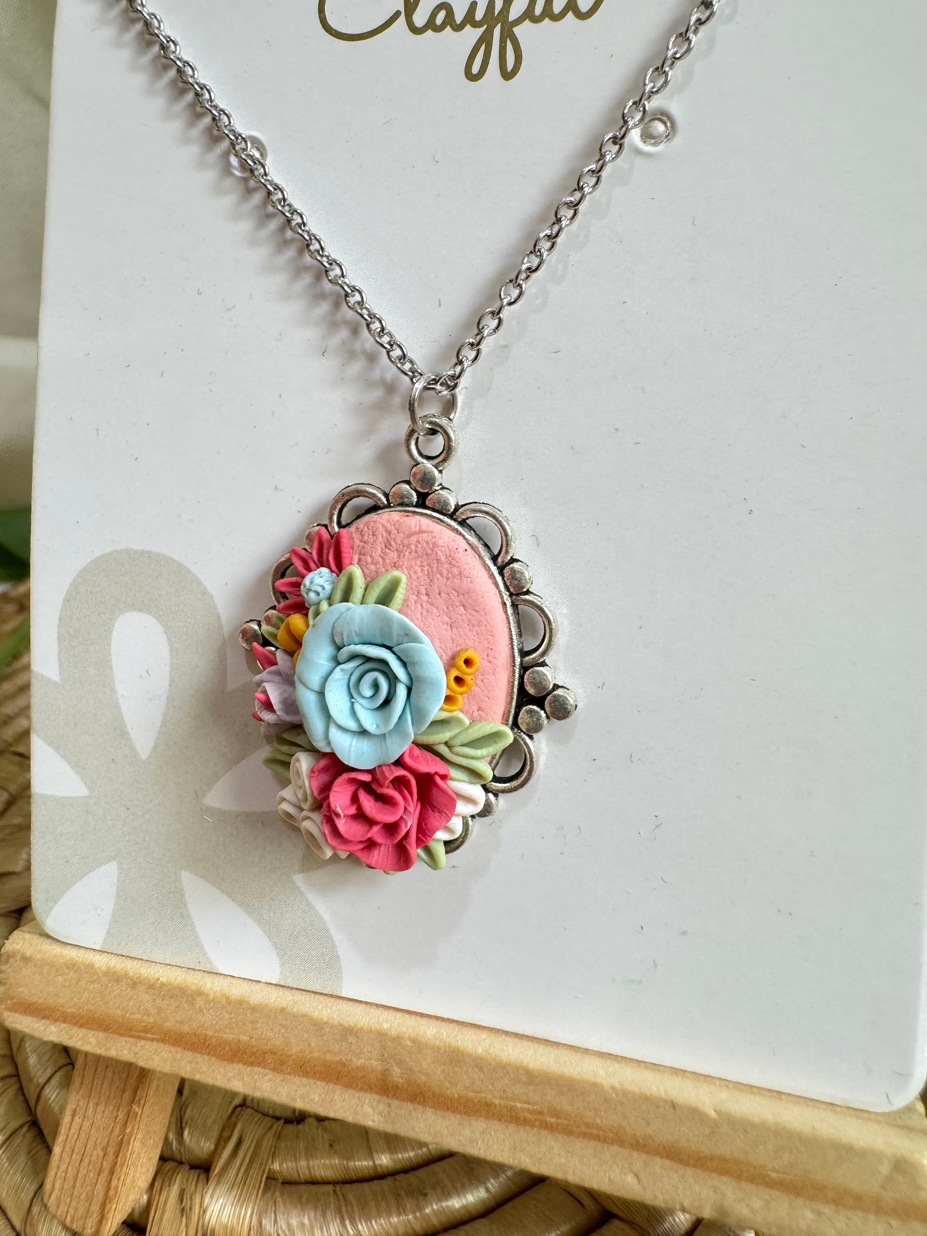 Pastel Pink and Blue Rose Cameo Pendant