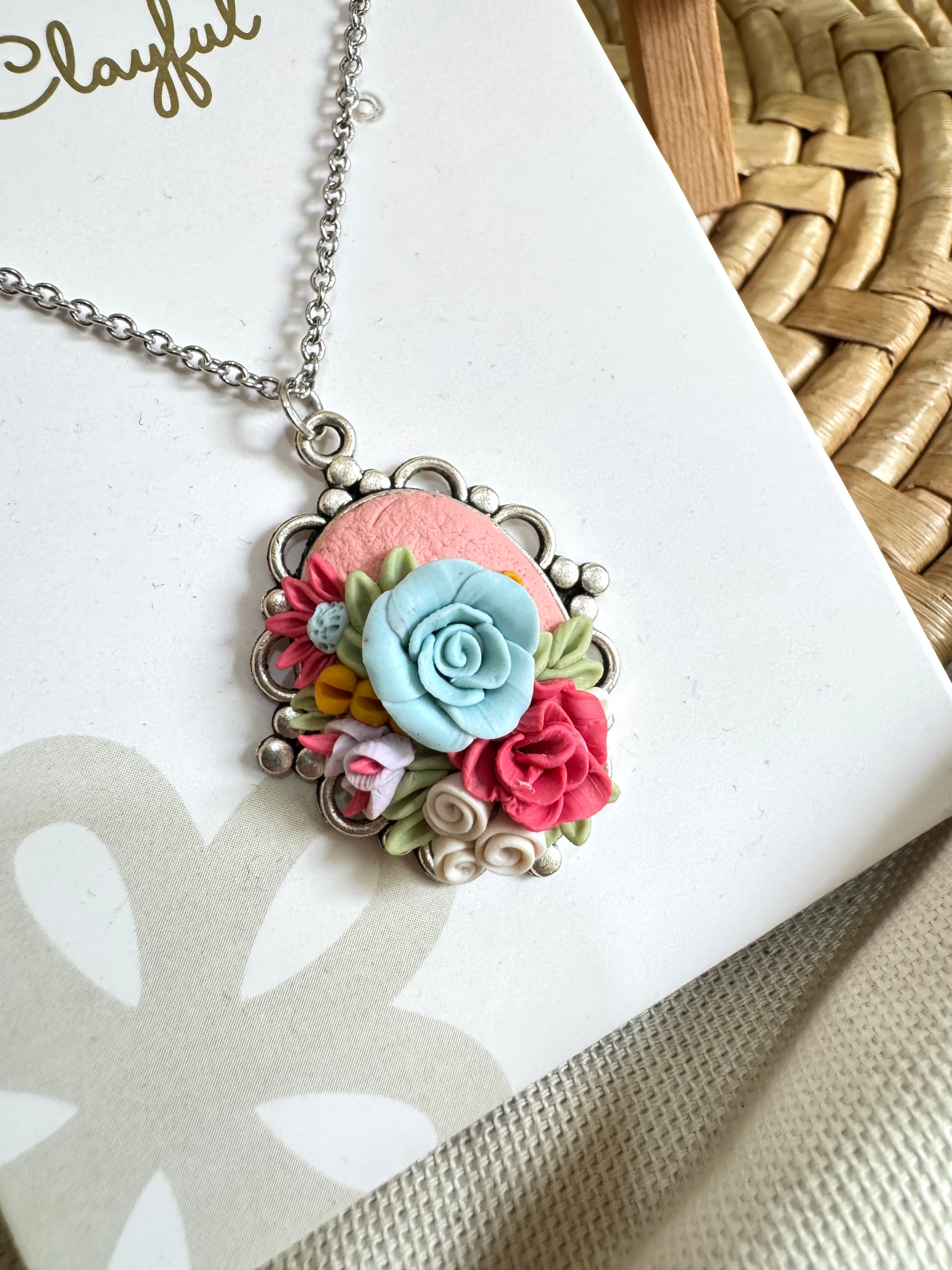 Pastel Pink and Blue Rose Cameo Pendant