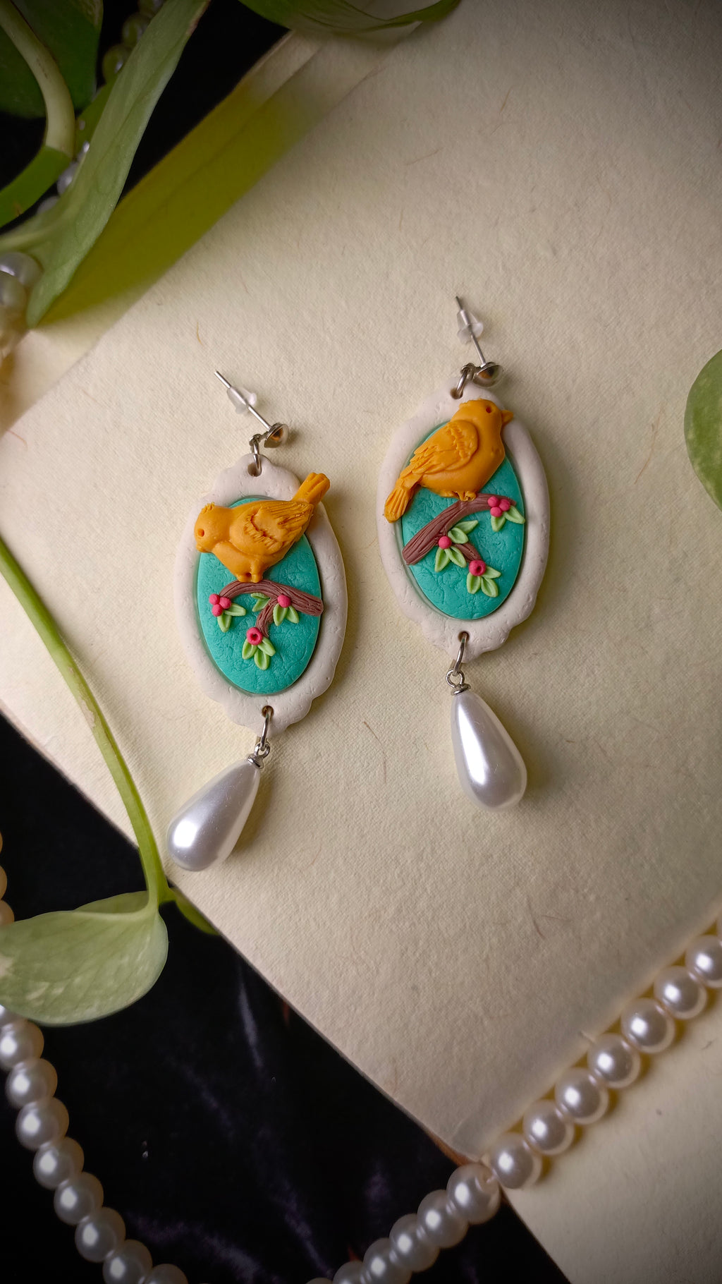 Handmade Pearl Drop Birds Earrings