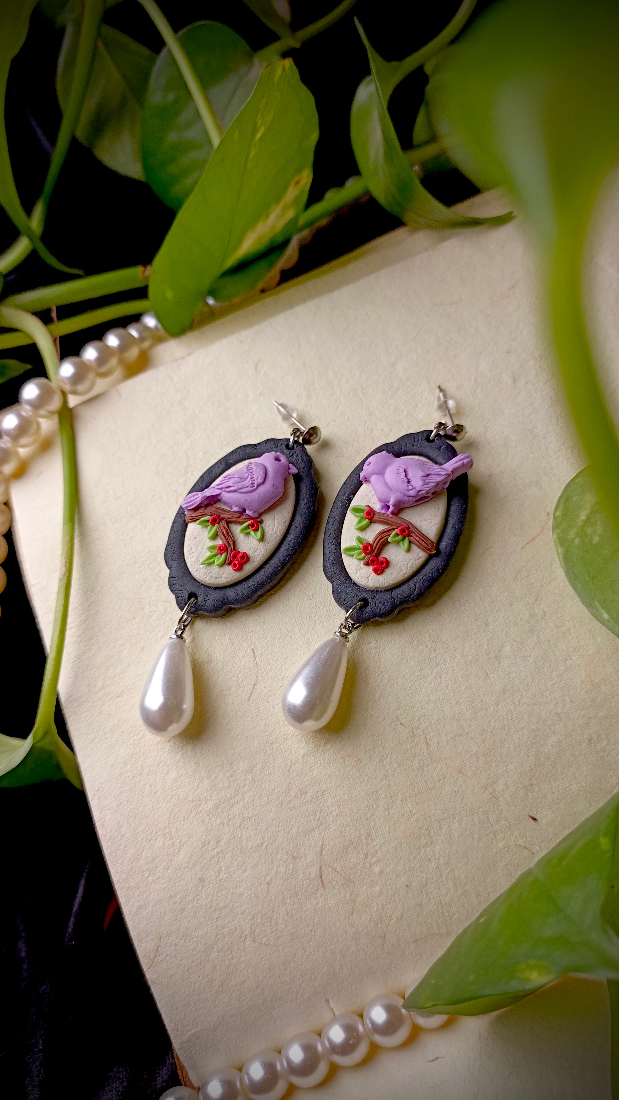 Handmade Pearl Drop Birds Earrings