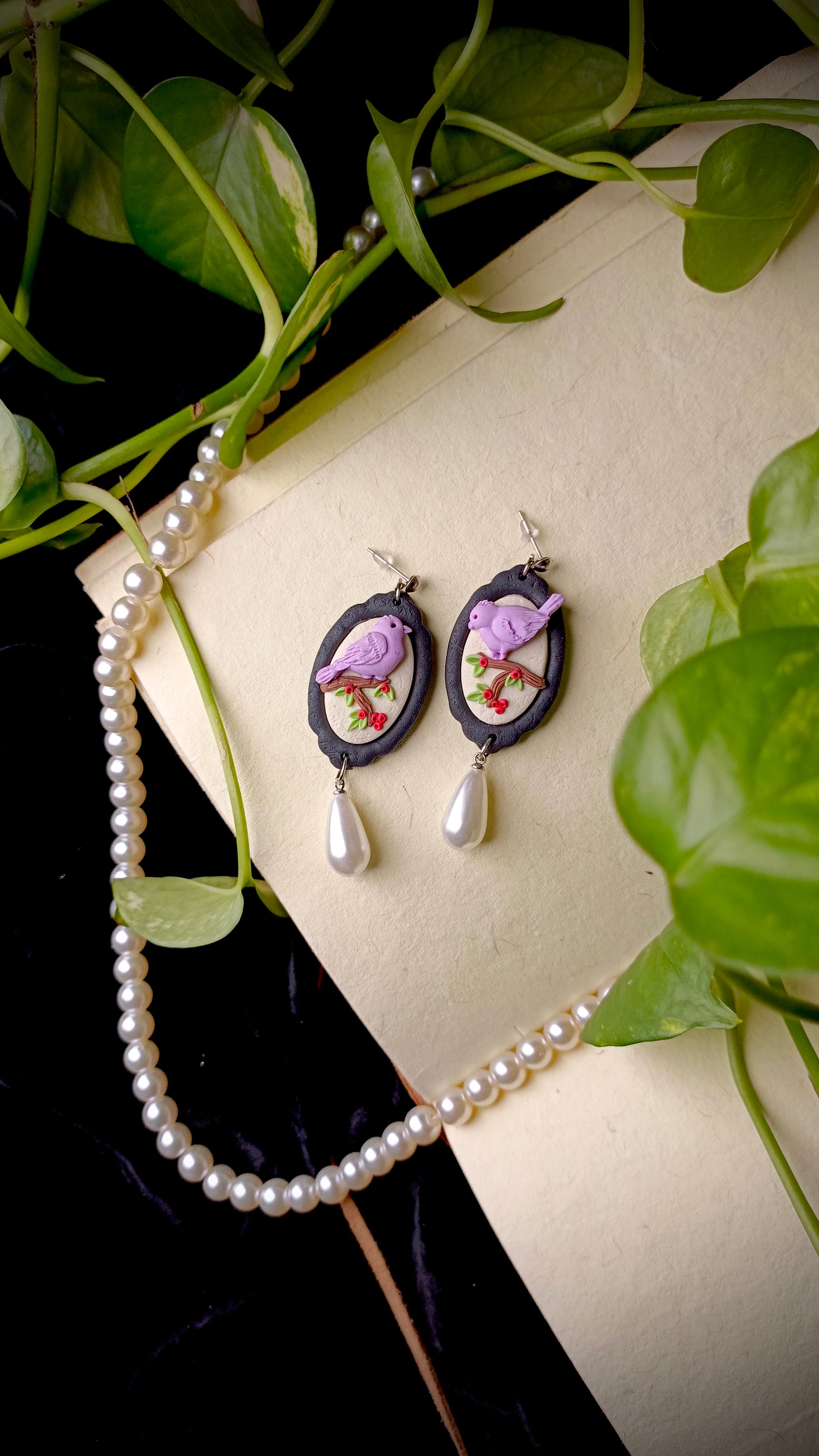 Handmade Pearl Drop Birds Earrings