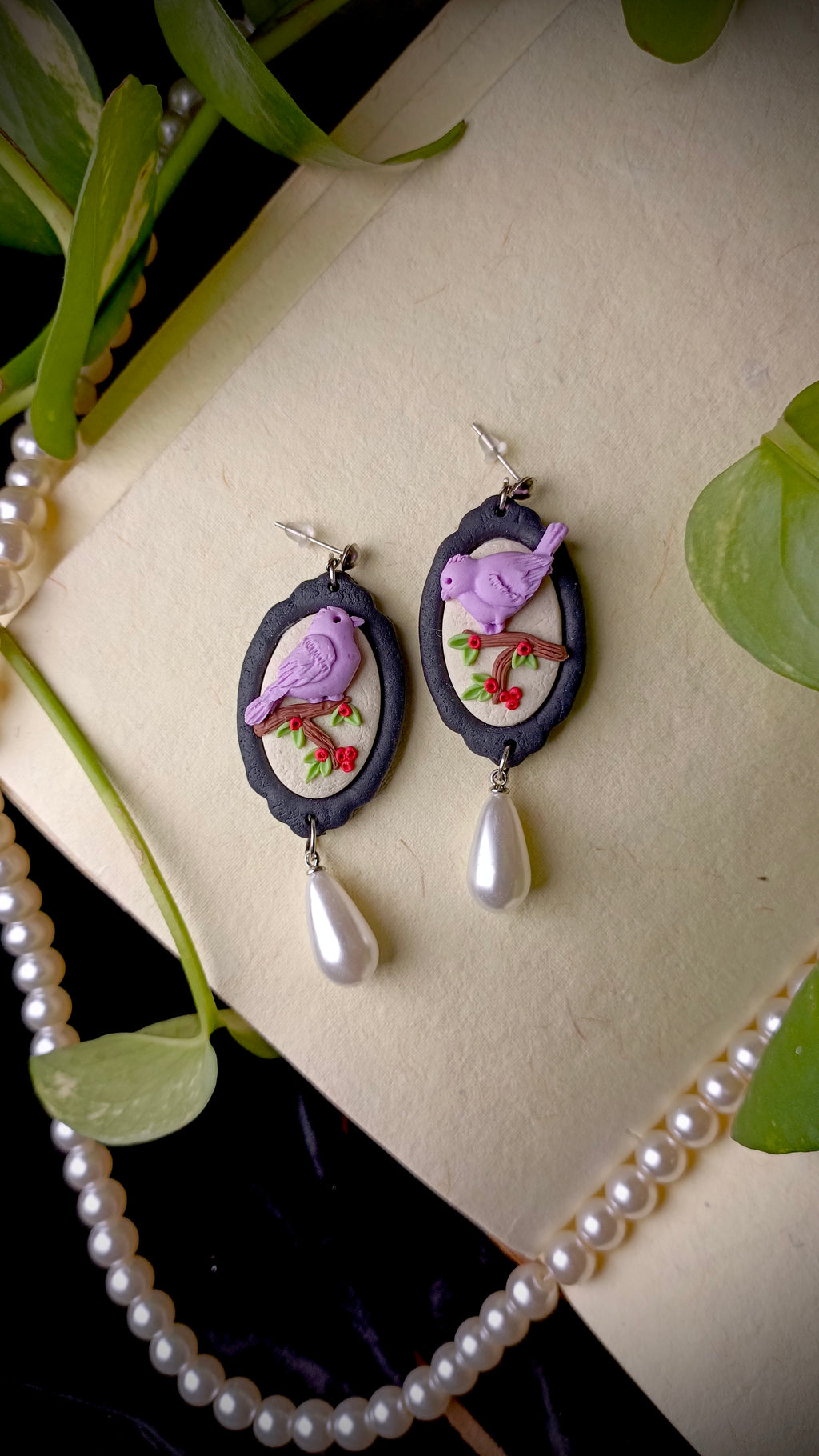 Handmade Pearl Drop Birds Earrings