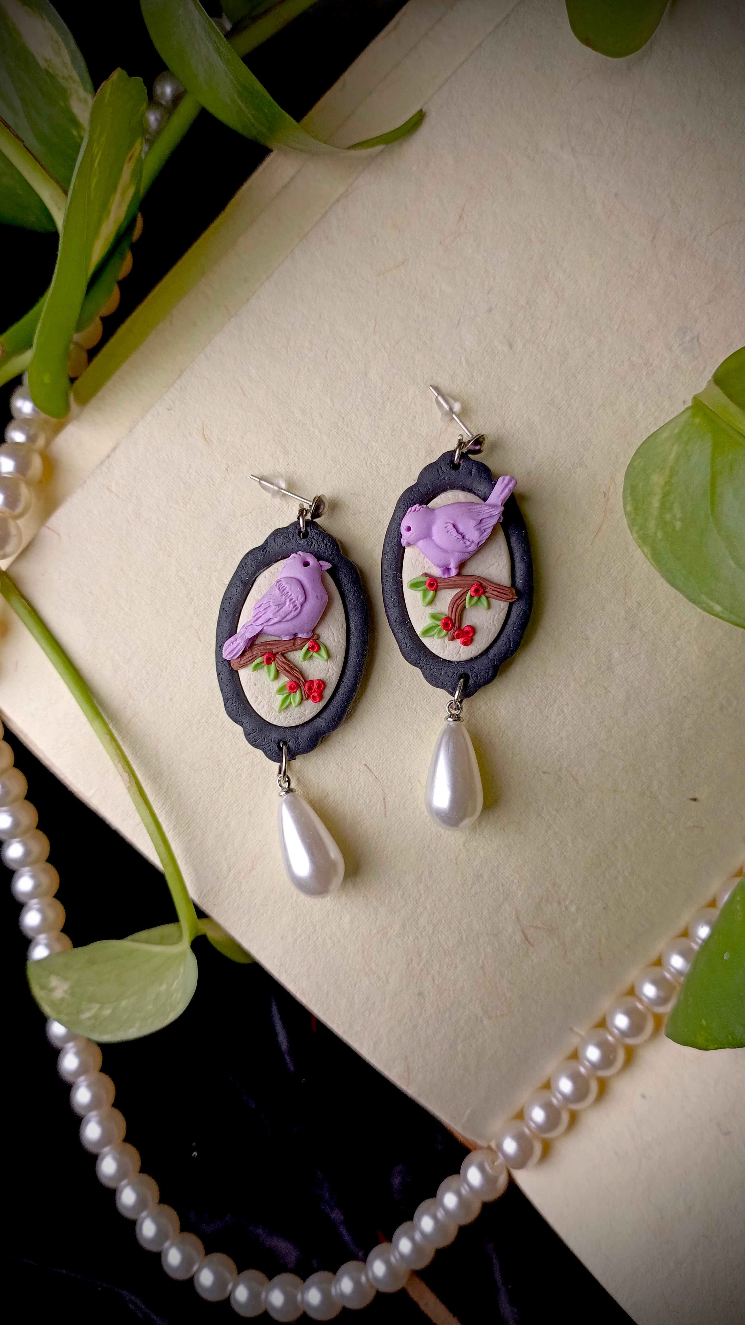 Handmade Pearl Drop Birds Earrings