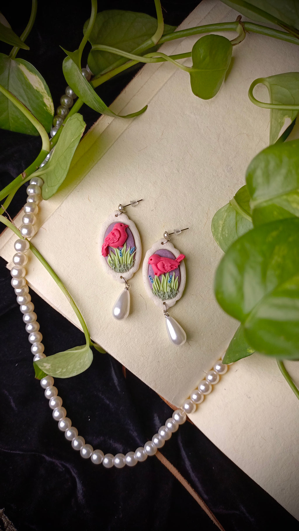 Handmade Pearl Drop Bird Earrings