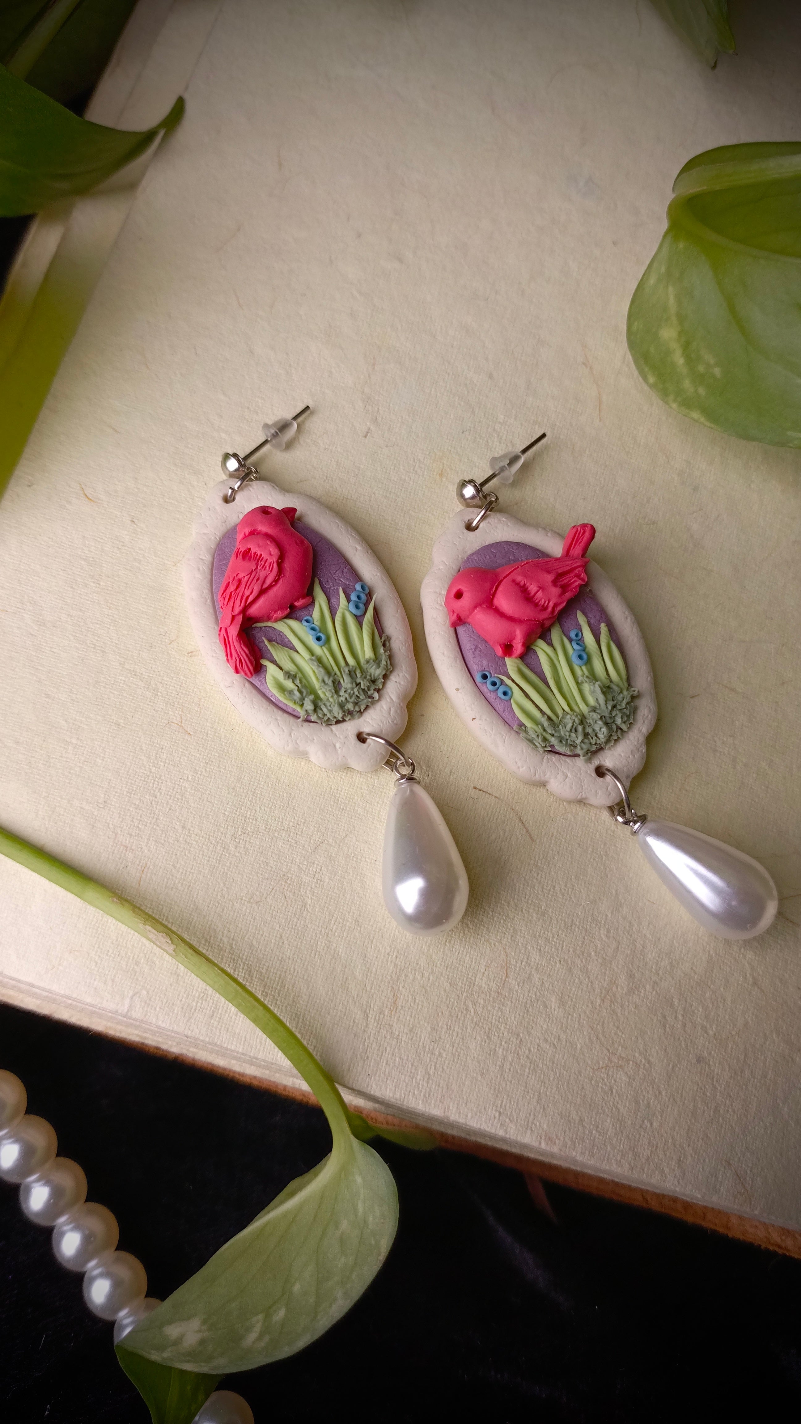 Handmade Pearl Drop Bird Earrings