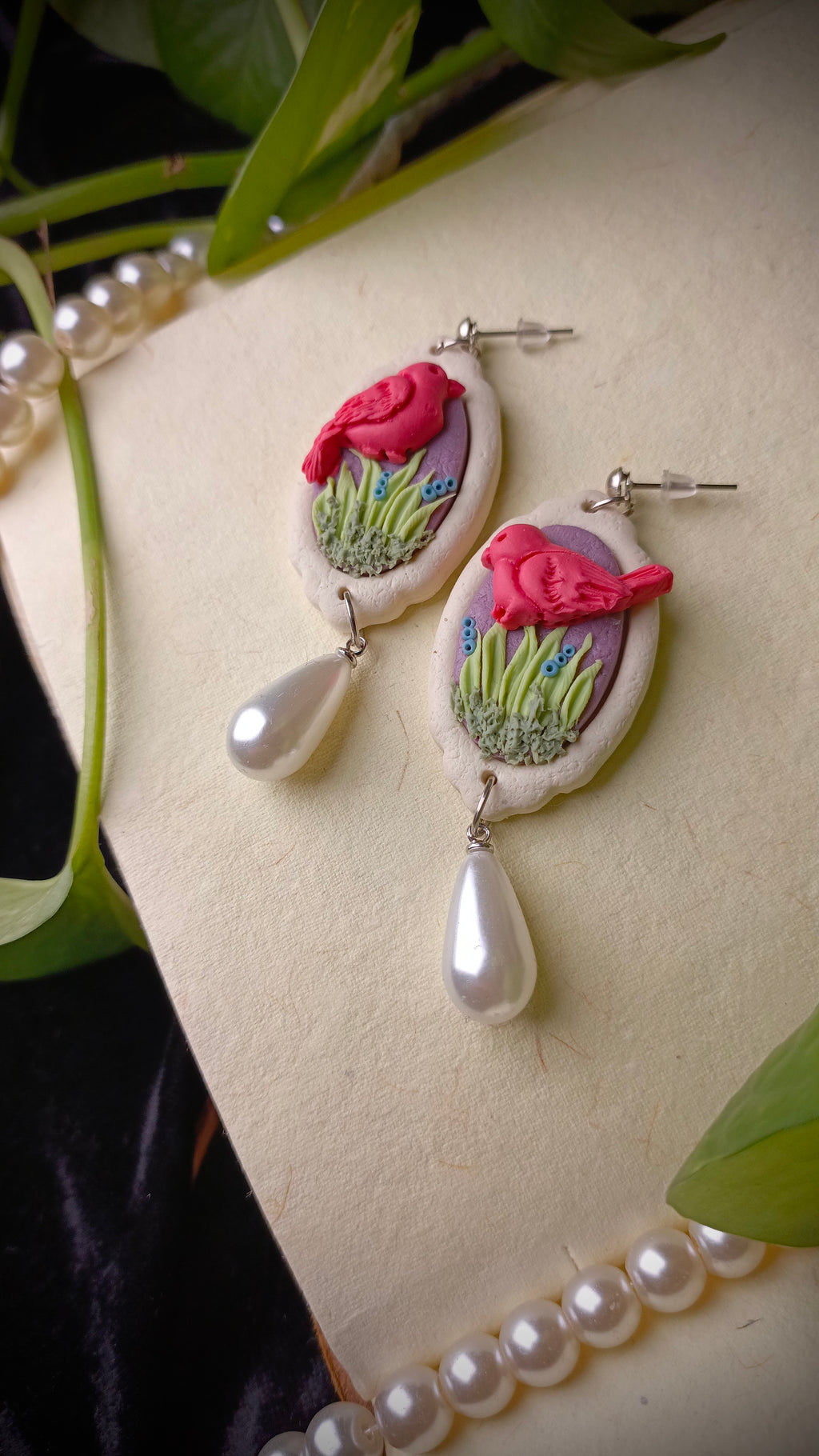 Handmade Pearl Drop Bird Earrings