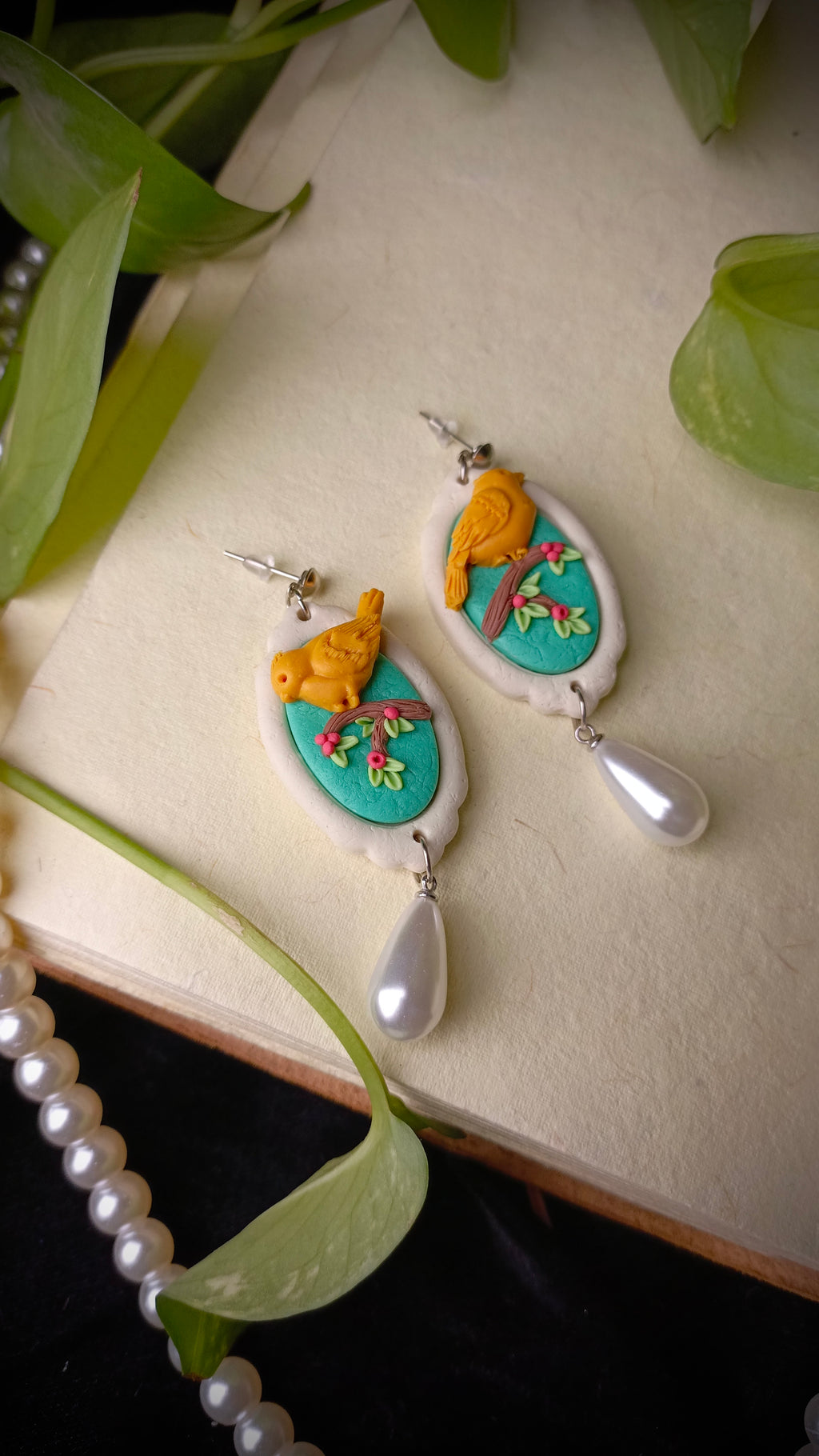 Handmade Pearl Drop Birds Earrings
