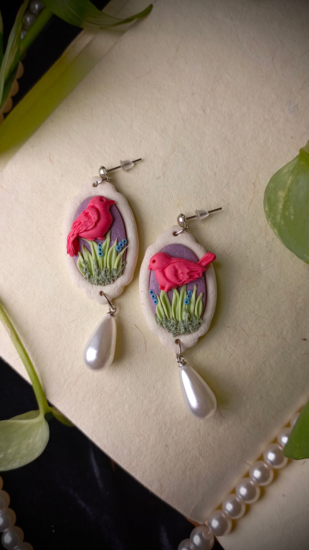 Handmade Pearl Drop Bird Earrings