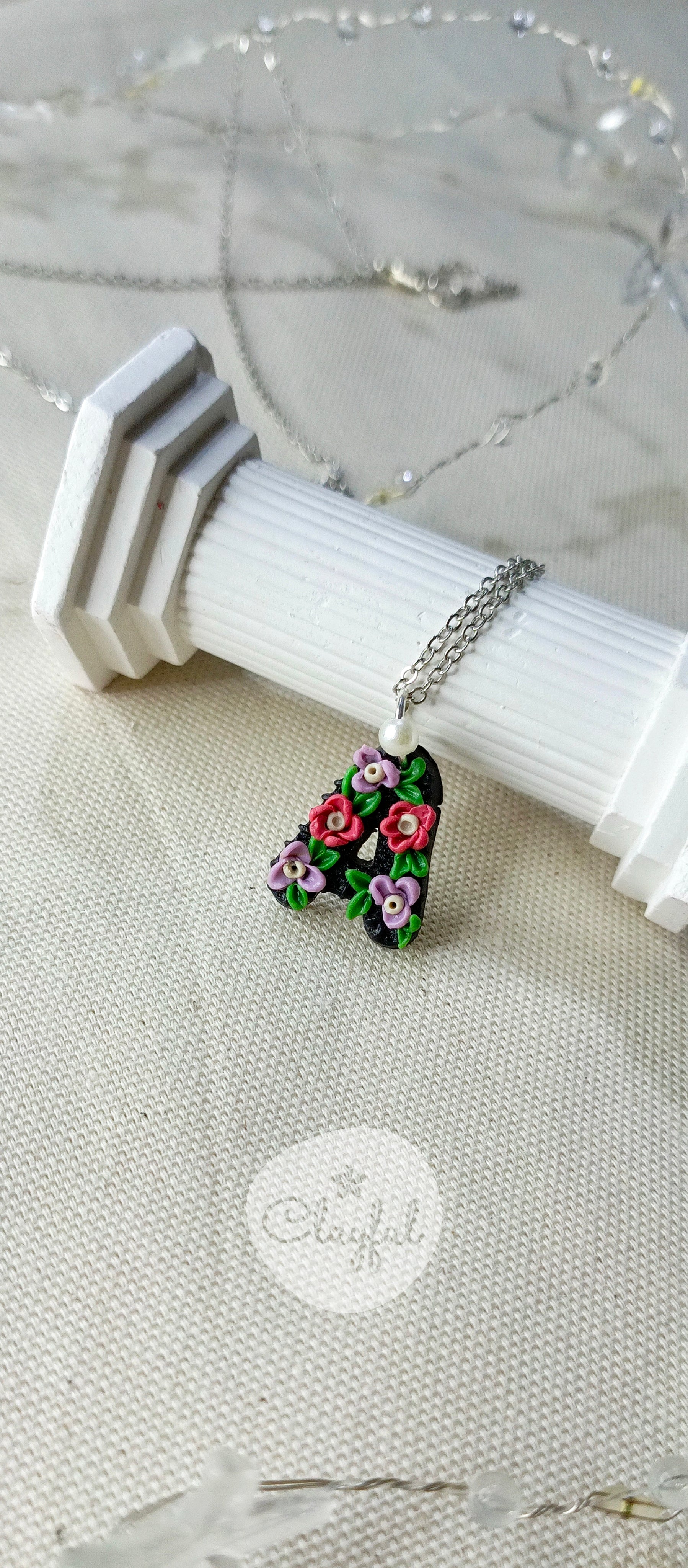 Clayful Midnight Floral Initial Pendant