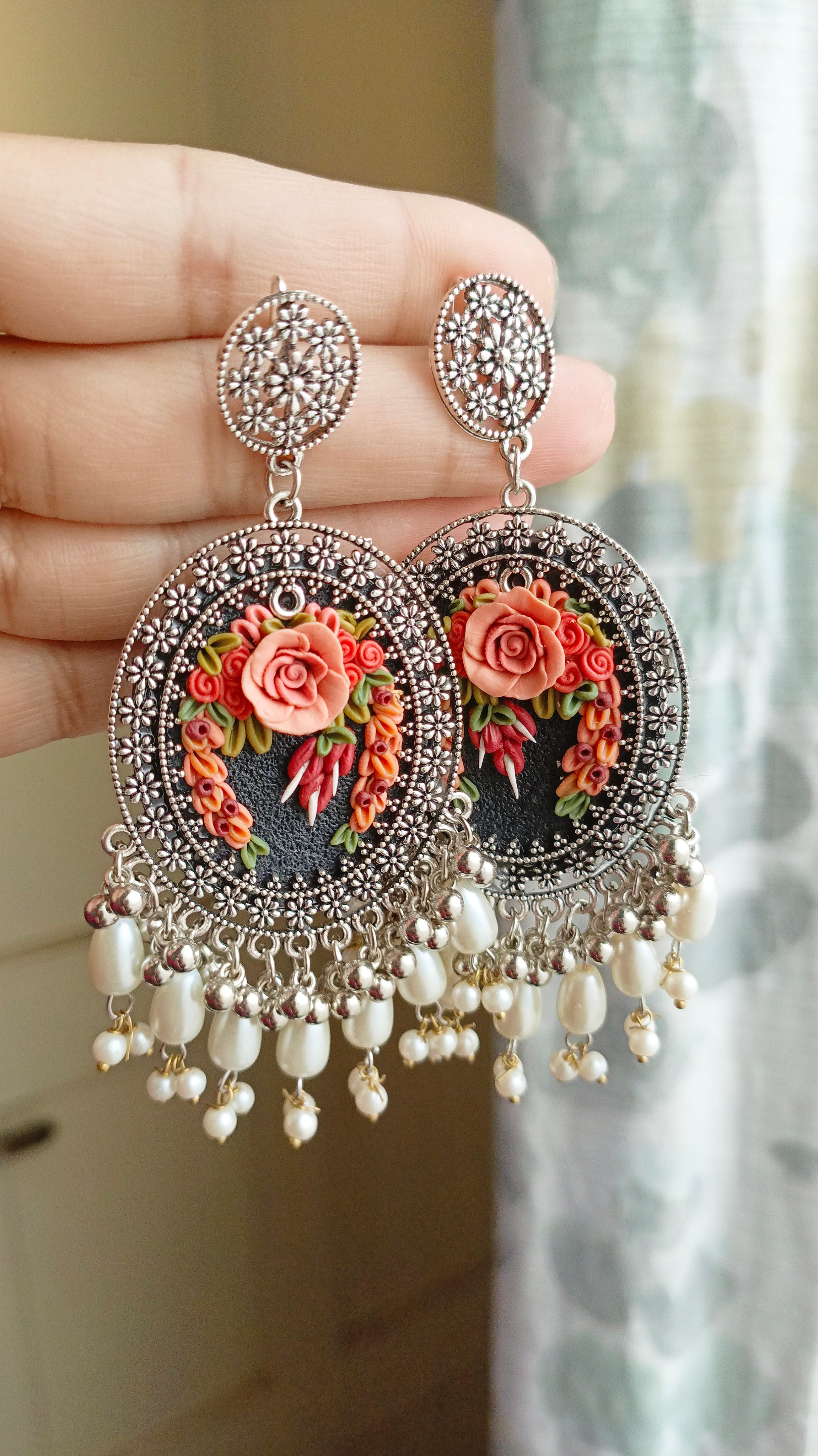 Clayful Floral Pearl Jhumkas