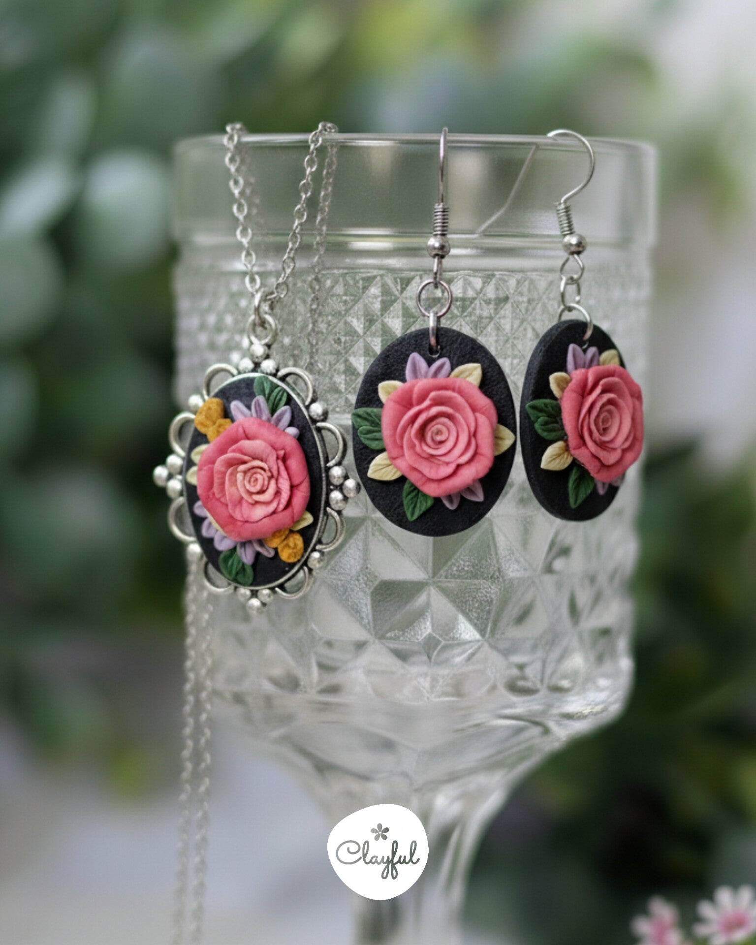 Pink rose pendant set