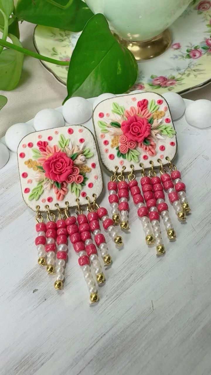 Beautiful pink hanging beads floral earrings