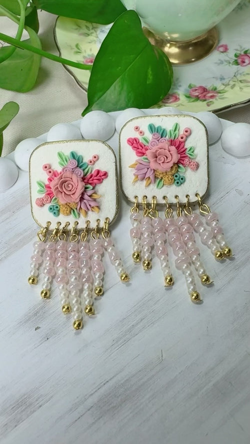 Beautiful light pink hanging beads floral earrings