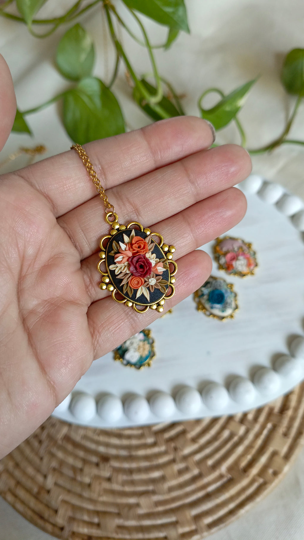 Clayful Autumn Rose Muse Pendant Necklace