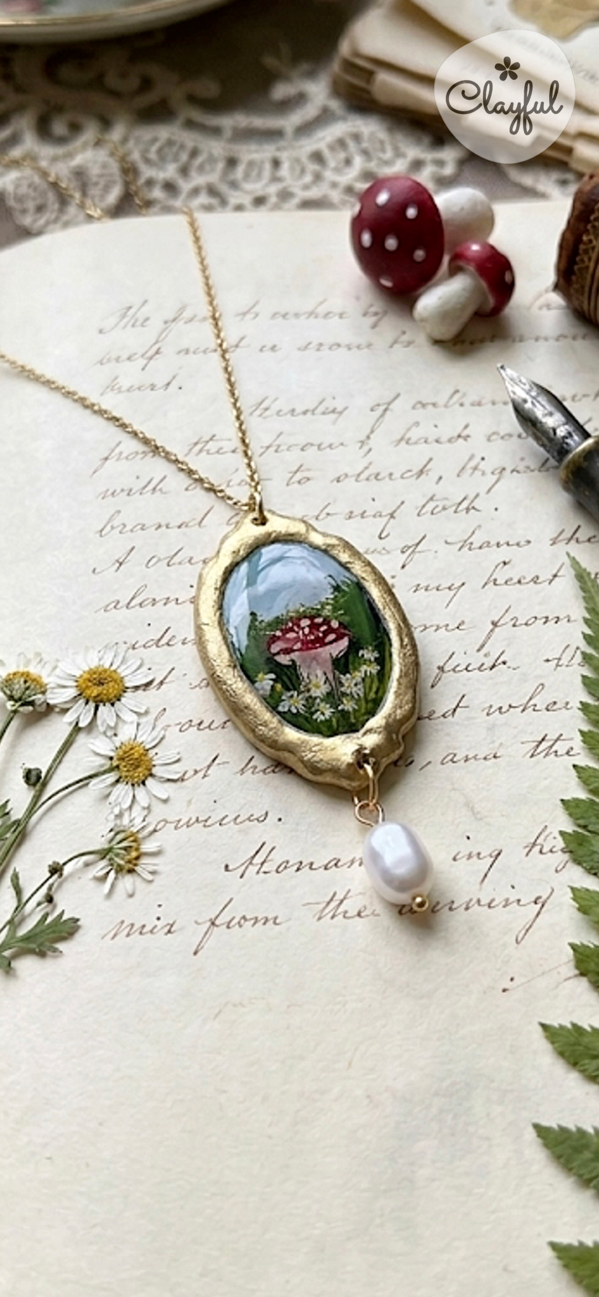 Hand painted Polymer Clay Mushroom Pendant