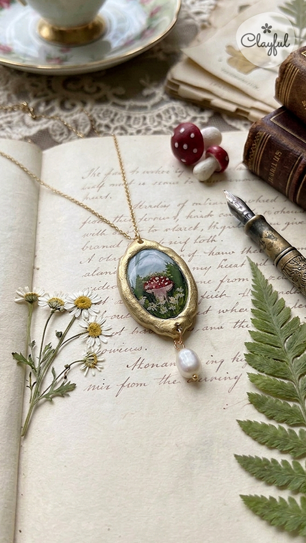 Hand painted Polymer Clay Mushroom Pendant