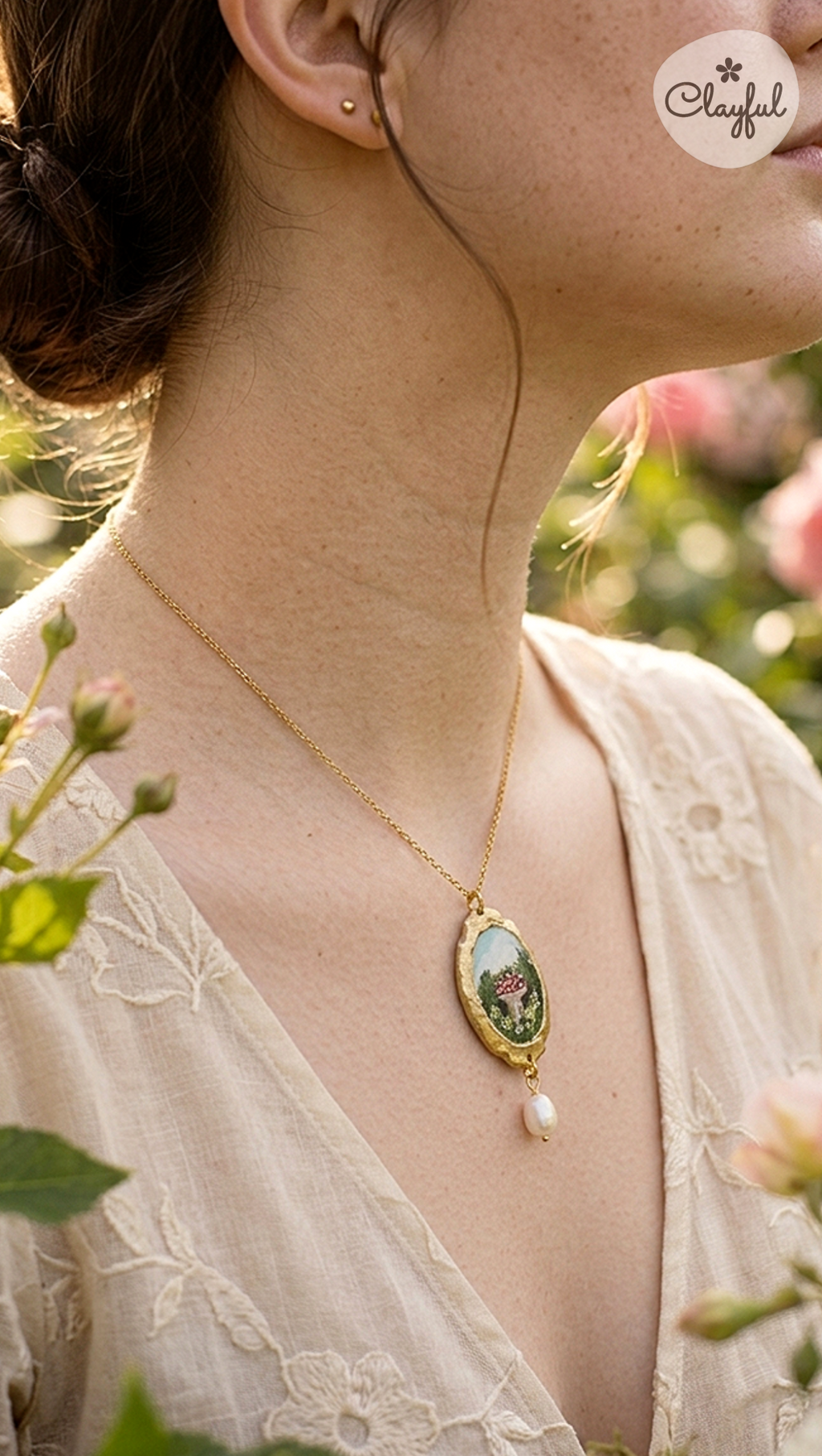 Hand painted Polymer Clay Mushroom Pendant